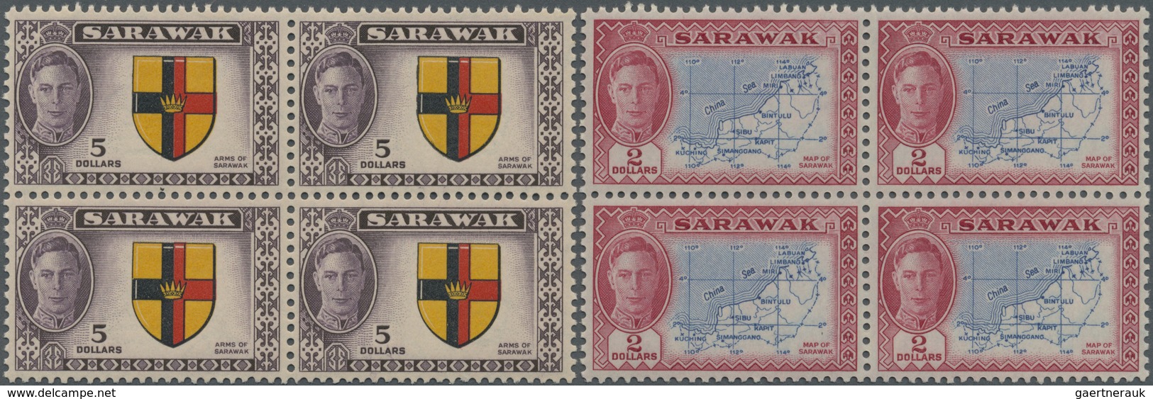 ** Malaiische Staaten - Sarawak: 1950, KGVI Pictorial Definitives Complete Set Of 15 In Blocks Of Four, - Andere & Zonder Classificatie