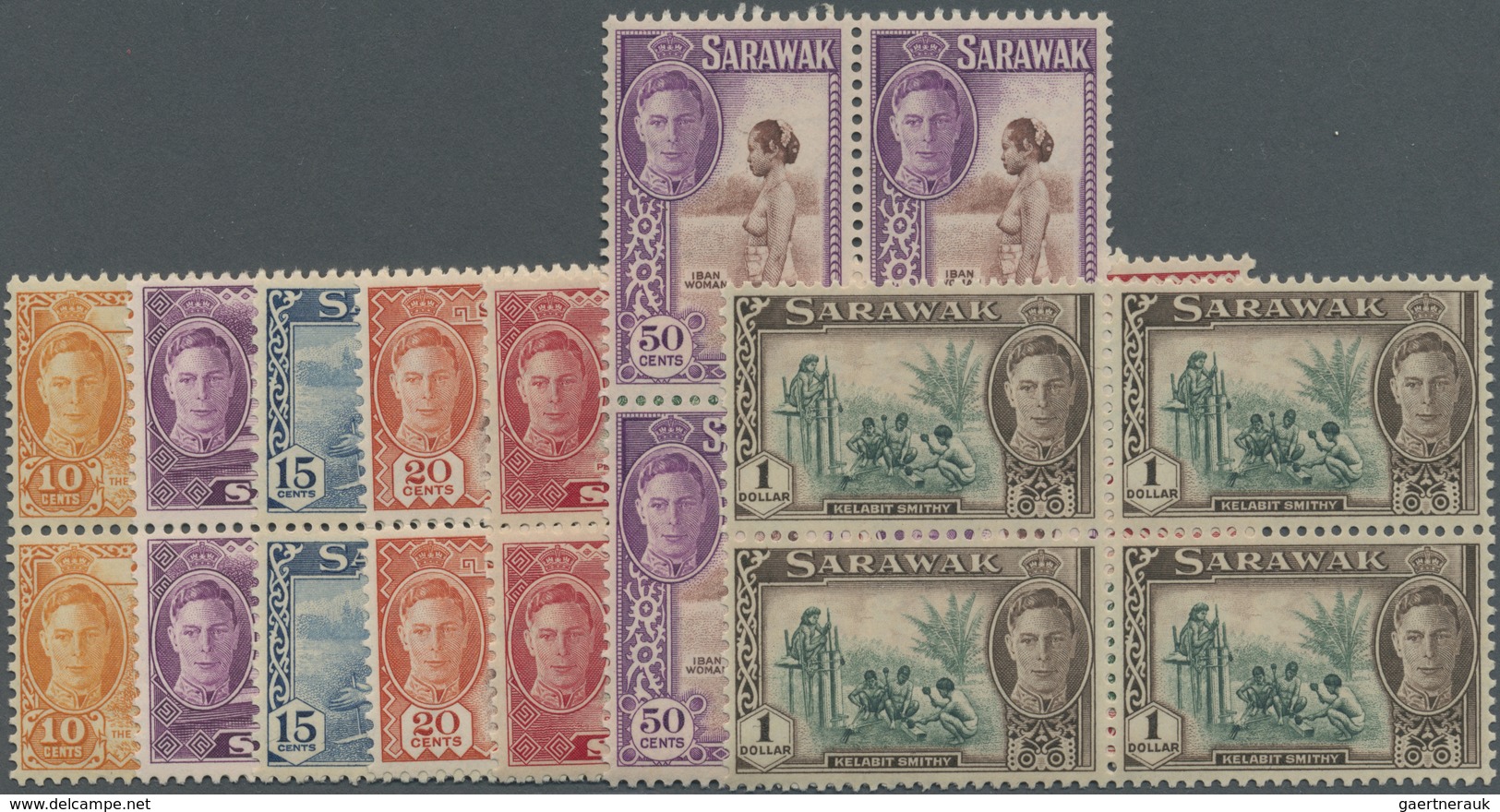 ** Malaiische Staaten - Sarawak: 1950, KGVI Pictorial Definitives Complete Set Of 15 In Blocks Of Four, - Andere & Zonder Classificatie