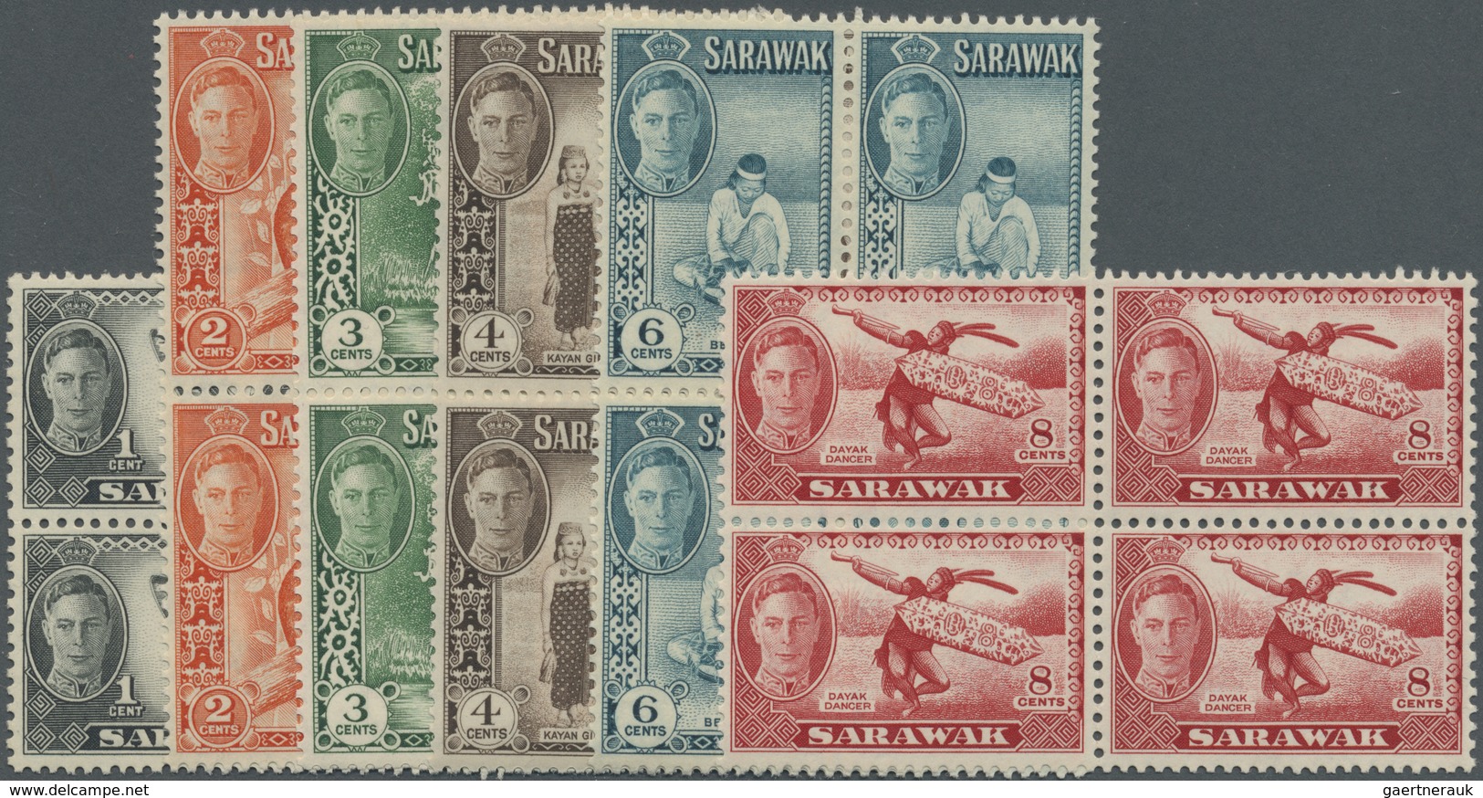 ** Malaiische Staaten - Sarawak: 1950, KGVI Pictorial Definitives Complete Set Of 15 In Blocks Of Four, - Andere & Zonder Classificatie