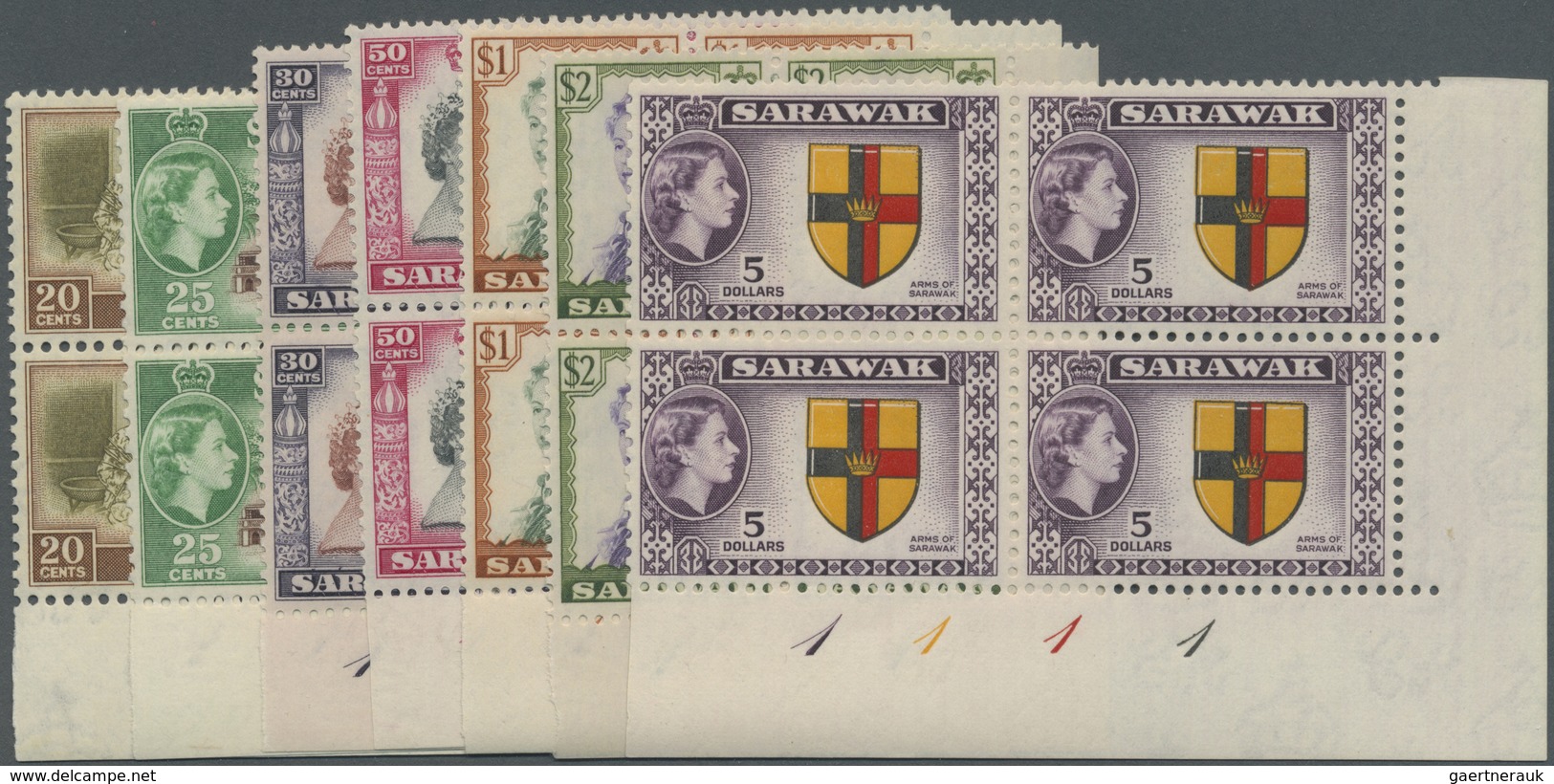 ** Malaiische Staaten - Sarawak: 1955/1957, QEII Pictorial Definitives Complete Set Of 15 In Blocks Of - Andere & Zonder Classificatie