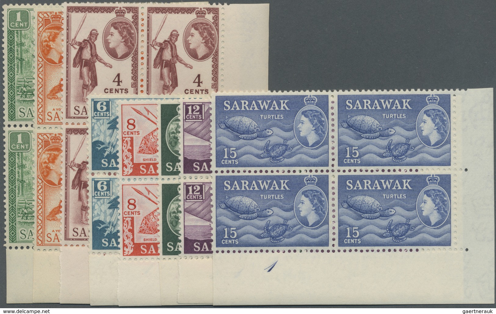 ** Malaiische Staaten - Sarawak: 1955/1957, QEII Pictorial Definitives Complete Set Of 15 In Blocks Of - Andere & Zonder Classificatie