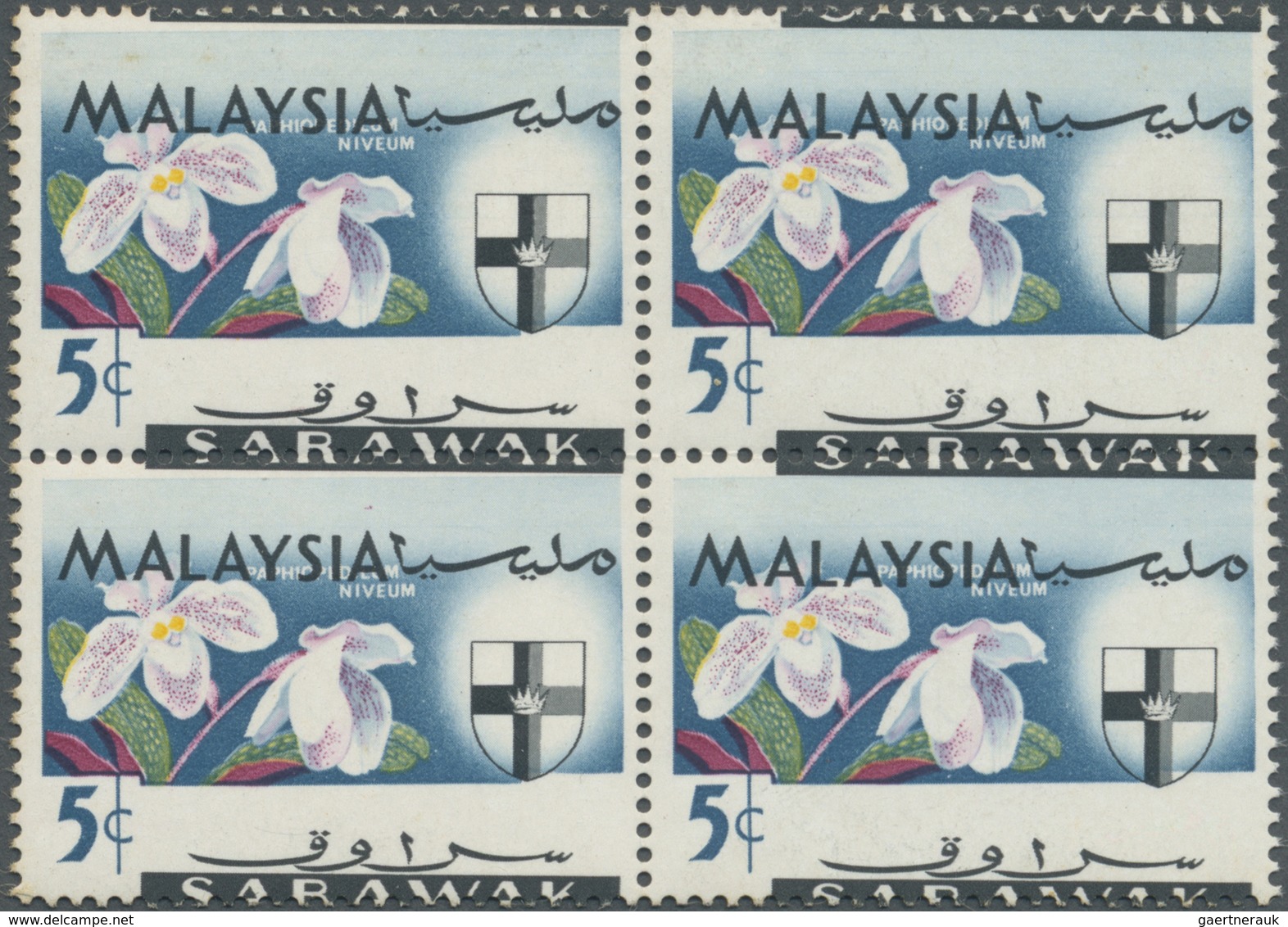 ** Malaiische Staaten - Sarawak: 1965, Orchids 5c. 'Paphiopedilum Niveum' Block Of Four With HEAVY MISP - Other & Unclassified
