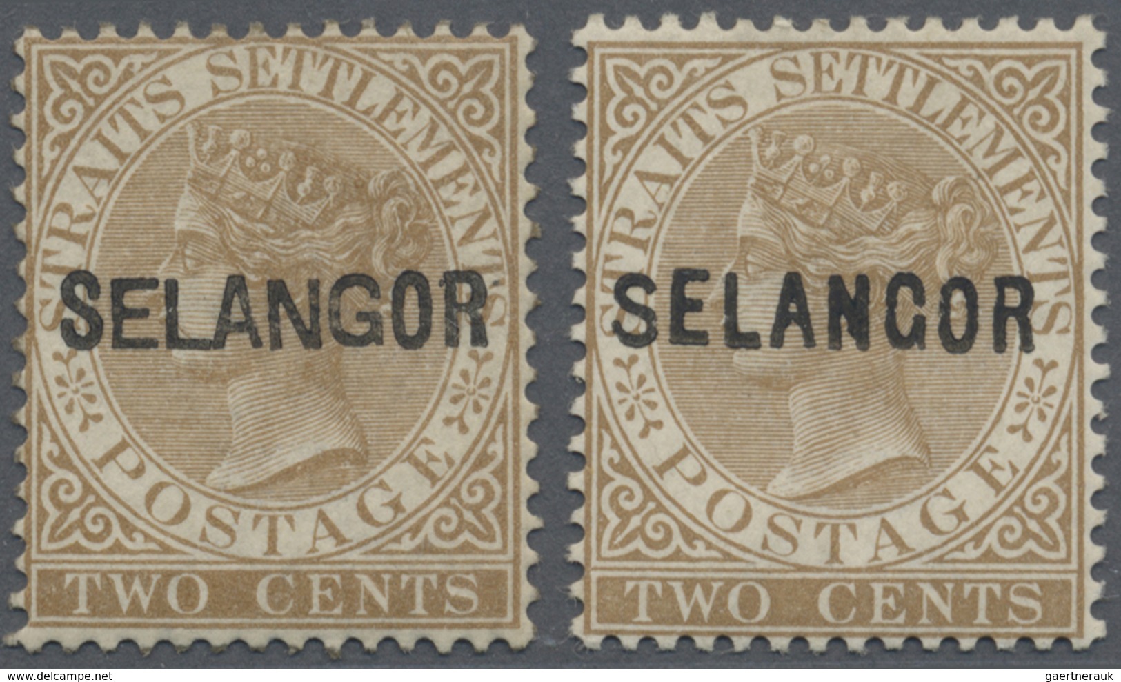 * Malaiische Staaten - Selangor: 1882-83 2c. Brown, Wmk Crown CA, Two Singles Overprinted Type 11 And - Selangor