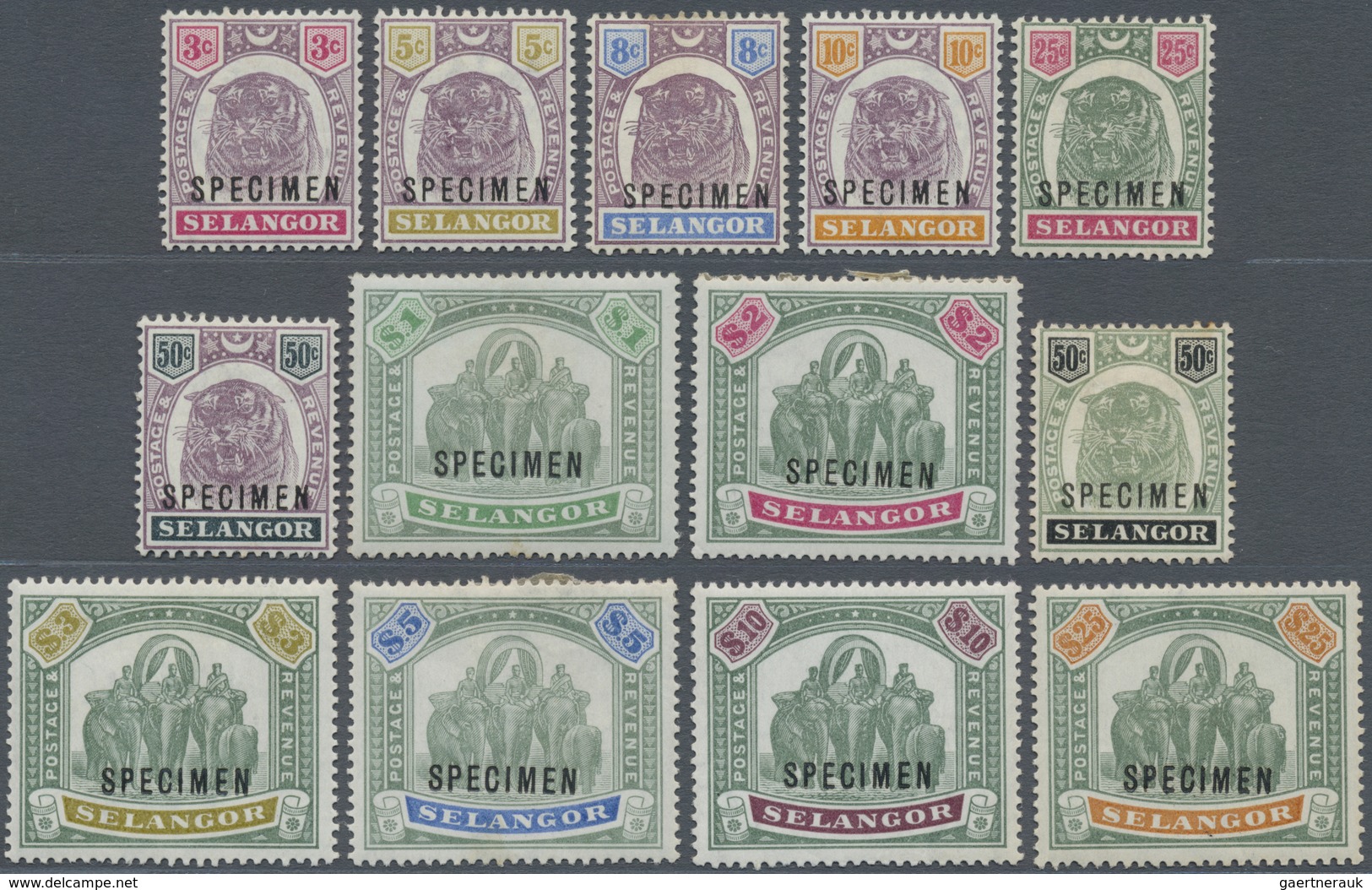 * Malaiische Staaten - Selangor: 1895/1899, Tiger Head And Elephants Complete Set Of 13 Incl. $10 And - Selangor