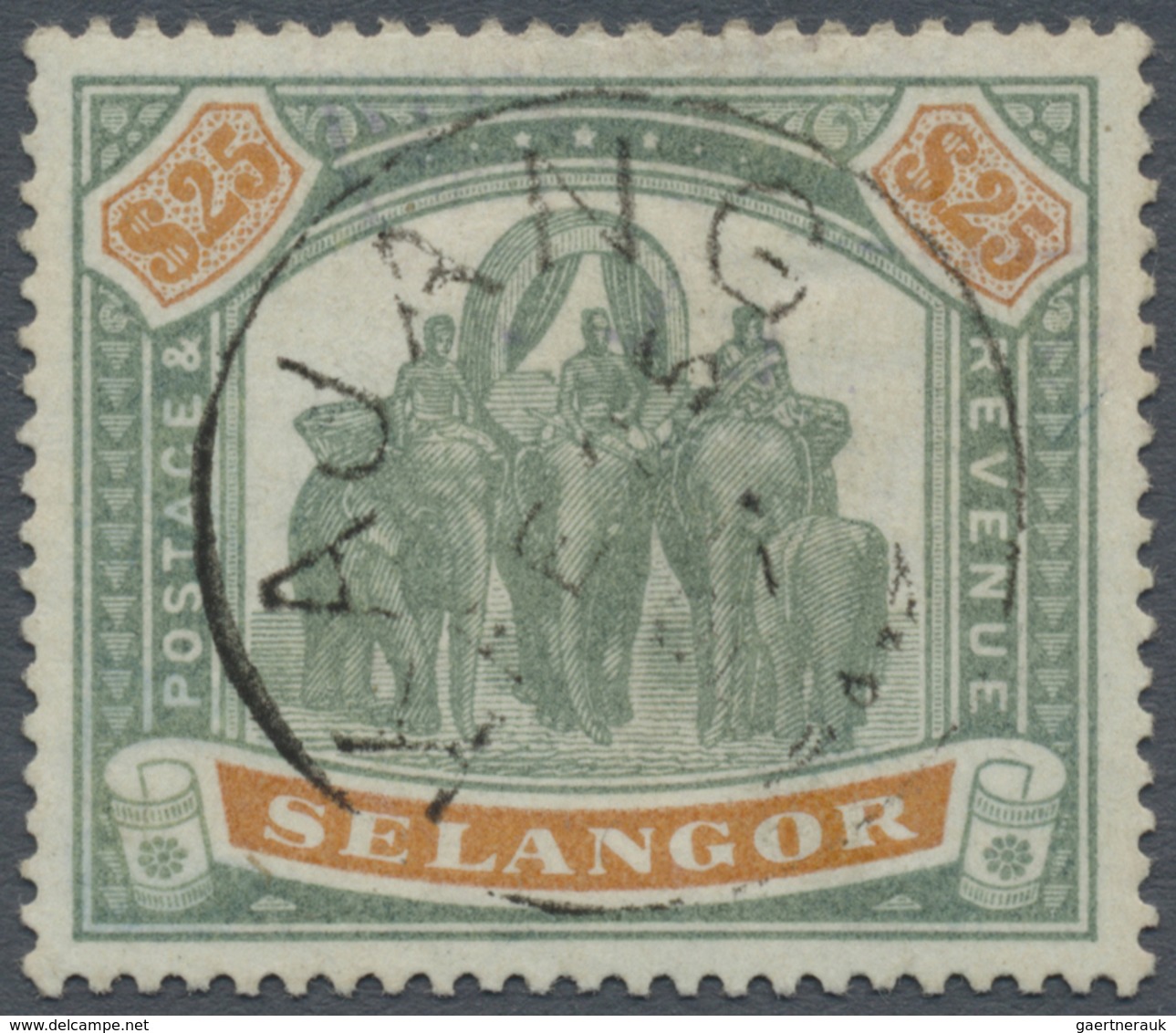 O Malaiische Staaten - Selangor: 1897, Elephants $25 Green And Orange, Very Fine Used With KAJANG Cds. - Selangor