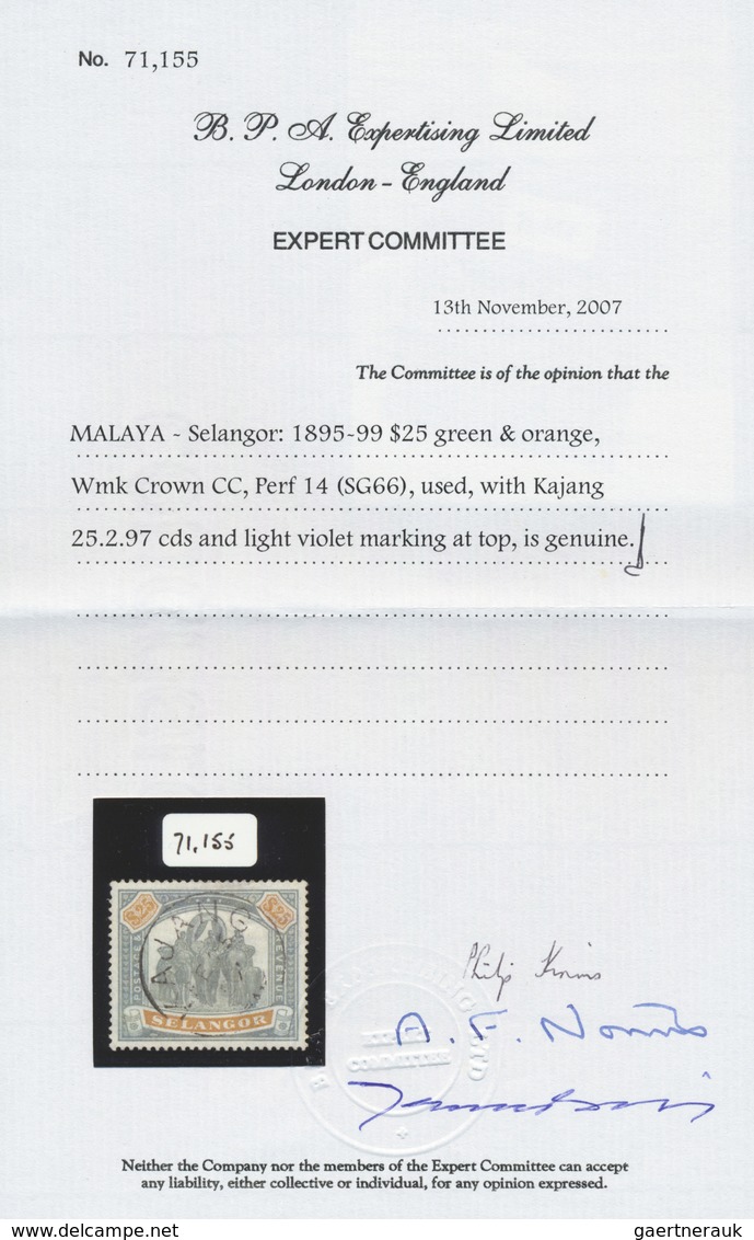 O Malaiische Staaten - Selangor: 1897, Elephants $25 Green And Orange, Very Fine Used With KAJANG Cds. - Selangor