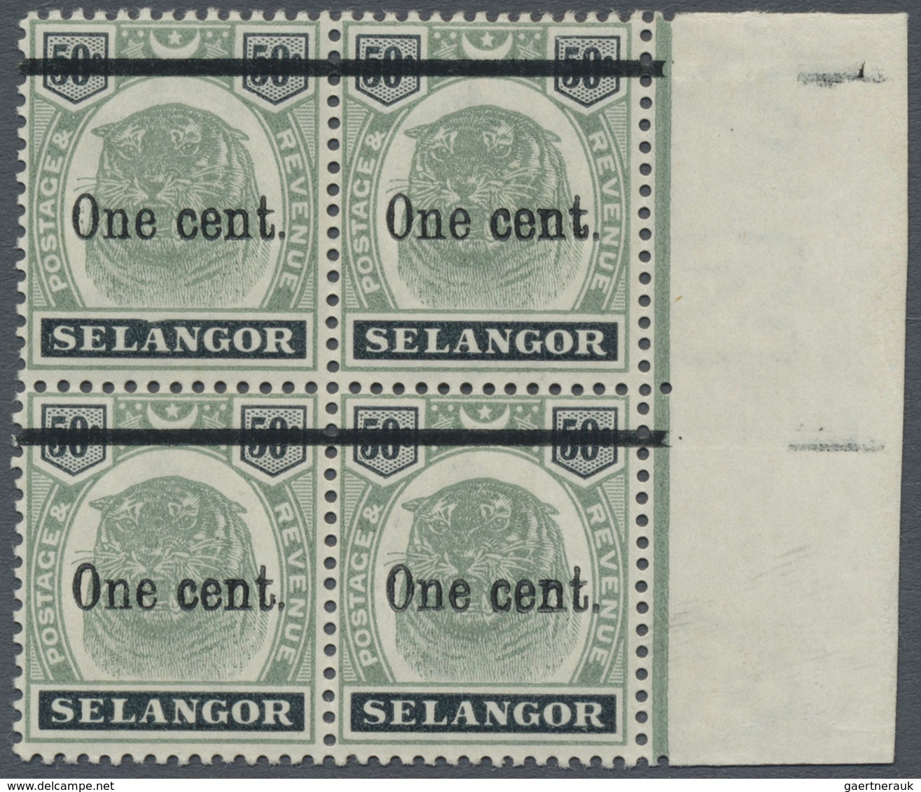 ** Malaiische Staaten - Selangor: 1900 1c. On 50c. Green & Black Right Hand Marginal Block Of Four, Fir - Selangor