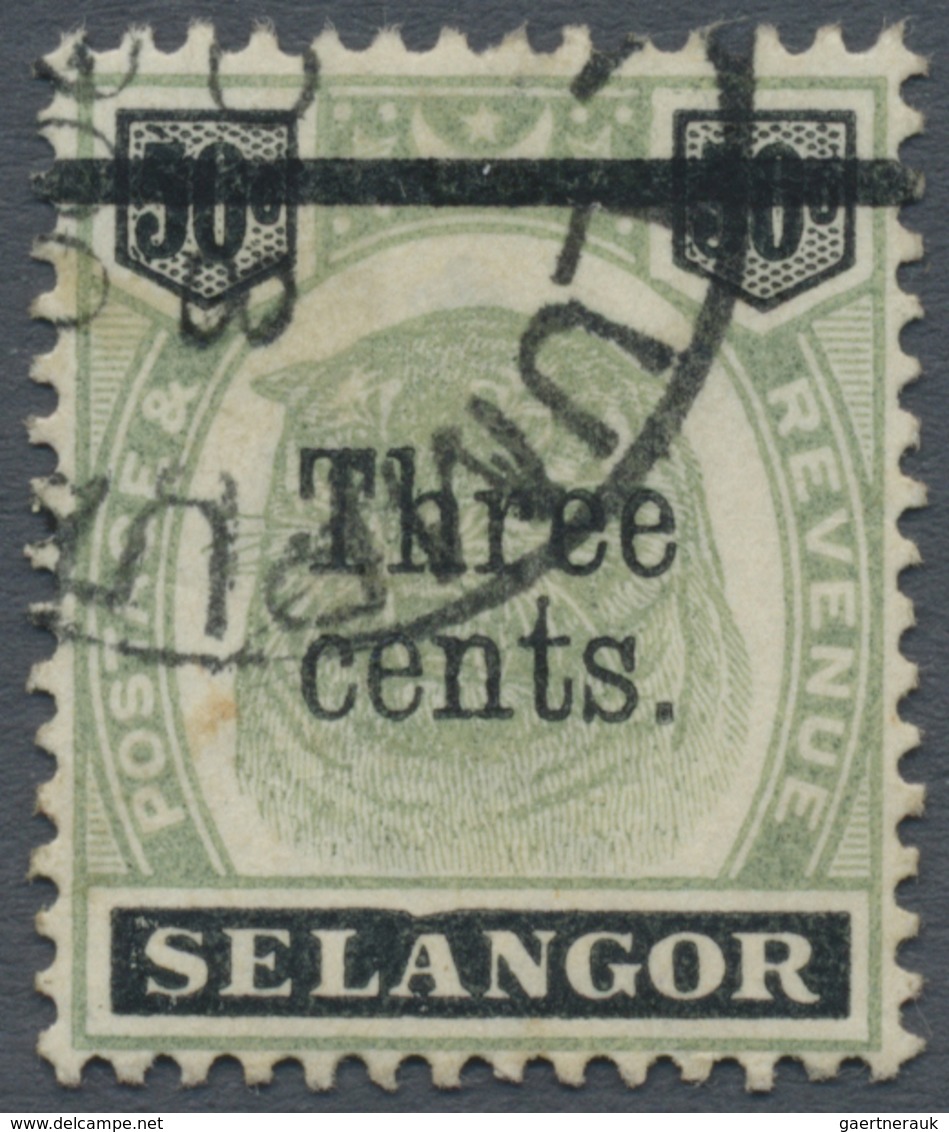 O Malaiische Staaten - Selangor: 1900, Tiger Head 3c. On 50c. Green And Black With Variety 'DENTED FRA - Selangor