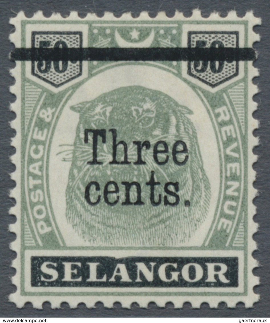 * Malaiische Staaten - Selangor: 1900 3c. On 50c. Green & Black Showing Variety "Dented Frame" (above - Selangor