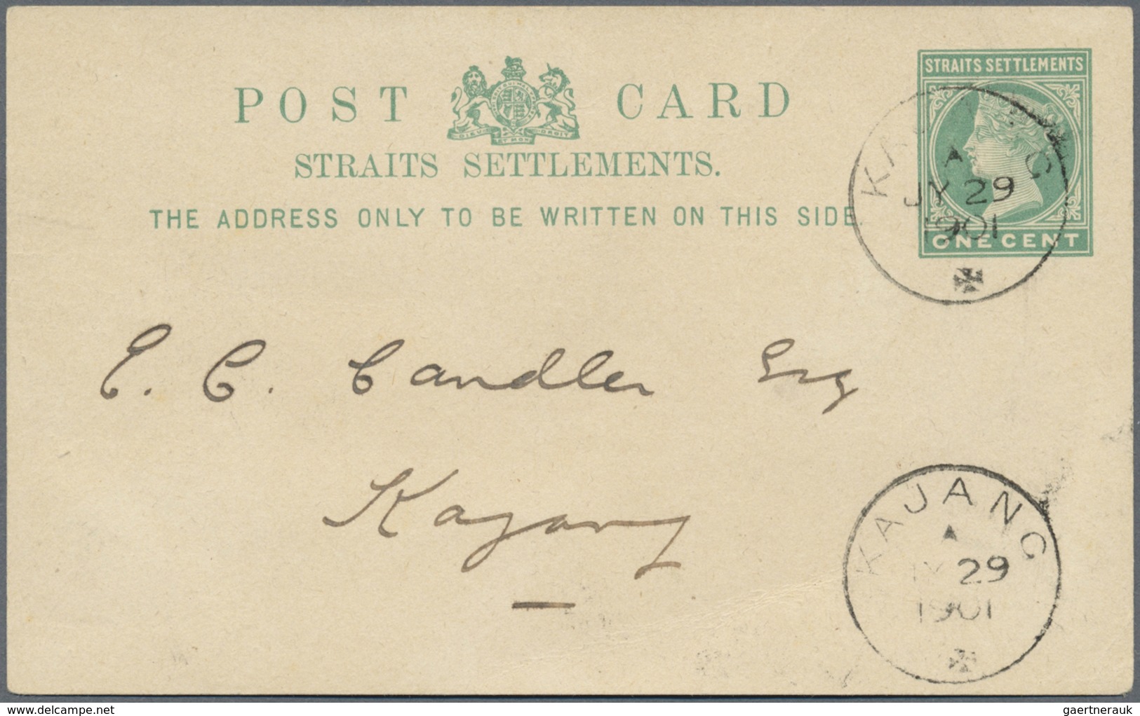 GA Malaiische Staaten - Selangor: 1901 KAJANG: Postal Stationery Card 1c. Green Of Straits Settlements - Selangor