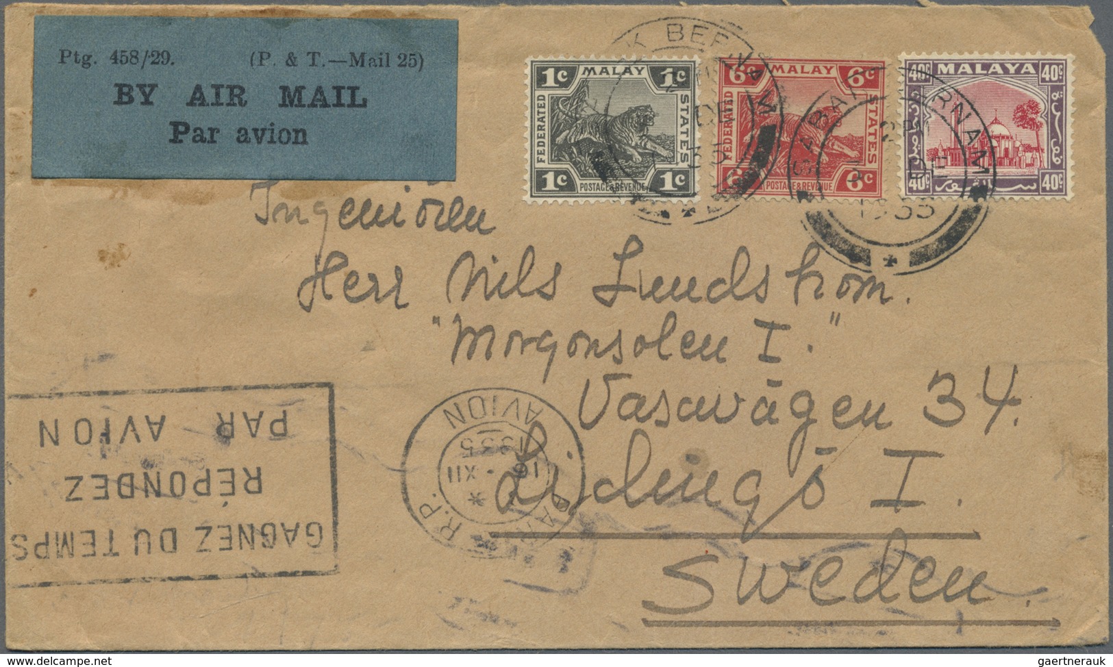 Br Malaiische Staaten - Selangor: 1935, 1 C, 6 C And 40 C Mosque Mixed Franking On Airmail Cover From S - Selangor