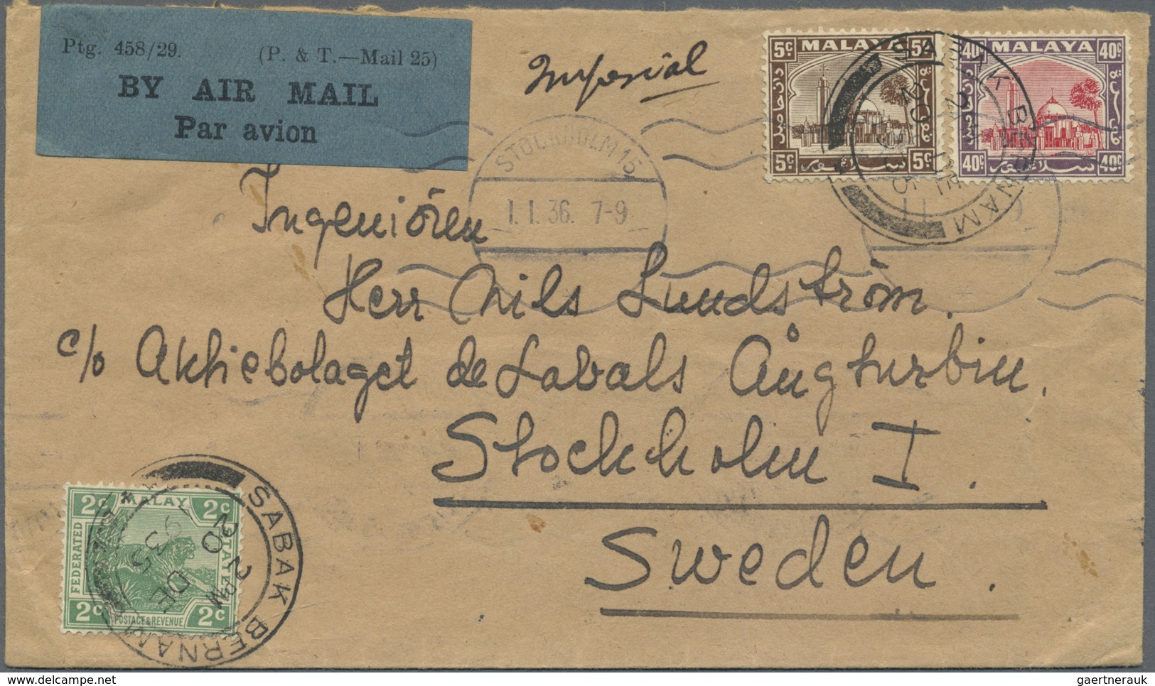 Br Malaiische Staaten - Selangor: 1935, 1 C, 6 C And 40 C Mosque Mixed Franking On Airmail Cover From S - Selangor