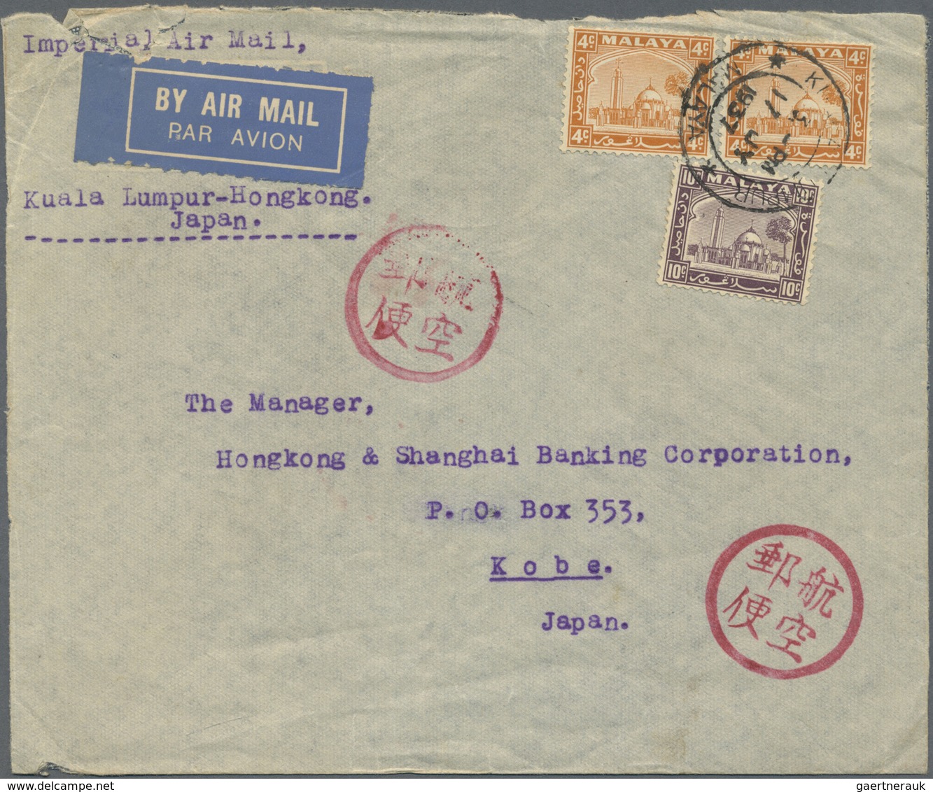 Br Malaiische Staaten - Selangor: 1937, 2 X 4 C Orange And 10 C Dull Purple, Mixed Franking On Airmail - Selangor