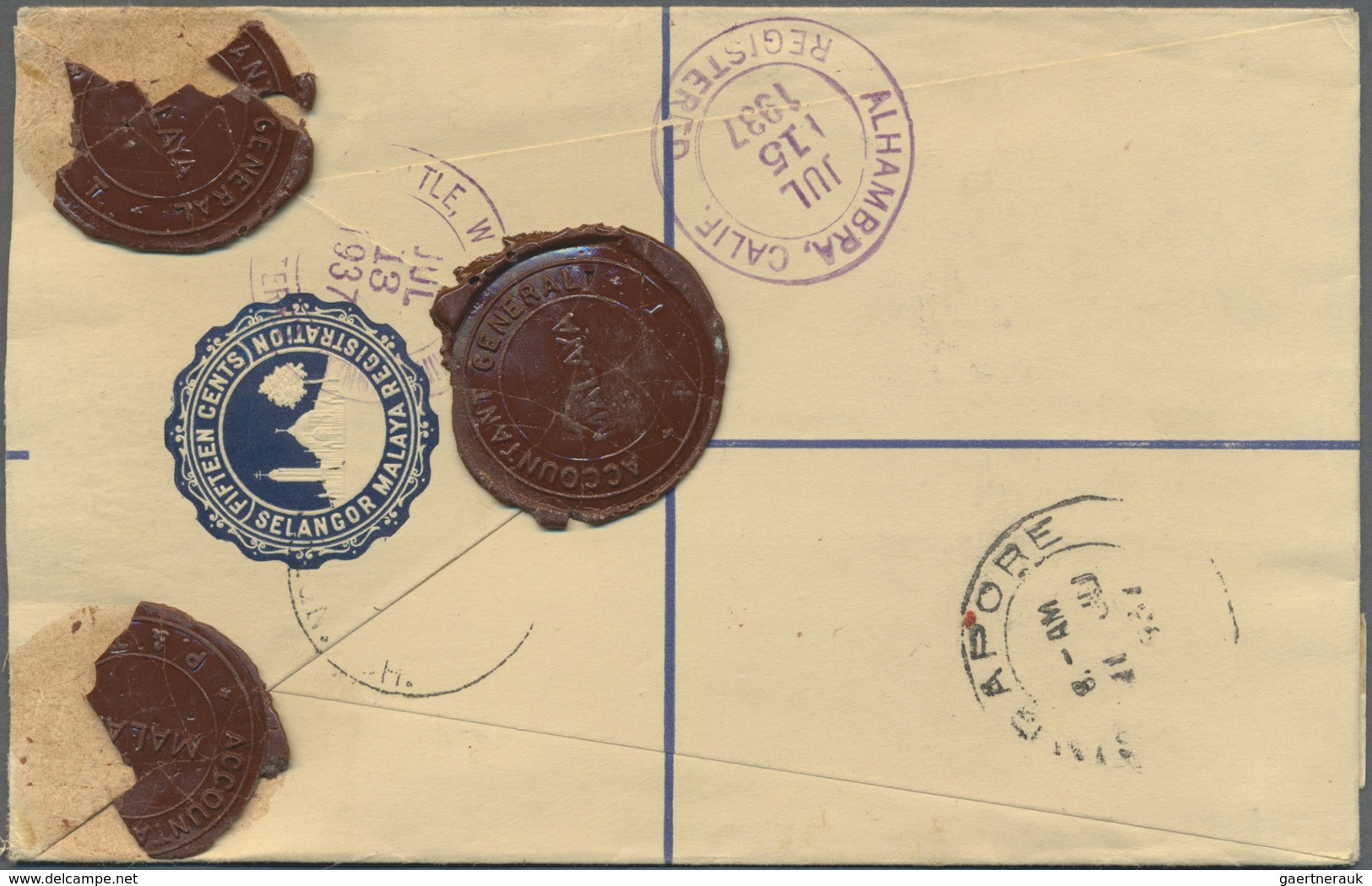 GA Malaiische Staaten - Selangor: 1937, Selangor 15 C Blue Mosque Registered Pse, Uprated With Stamps F - Selangor