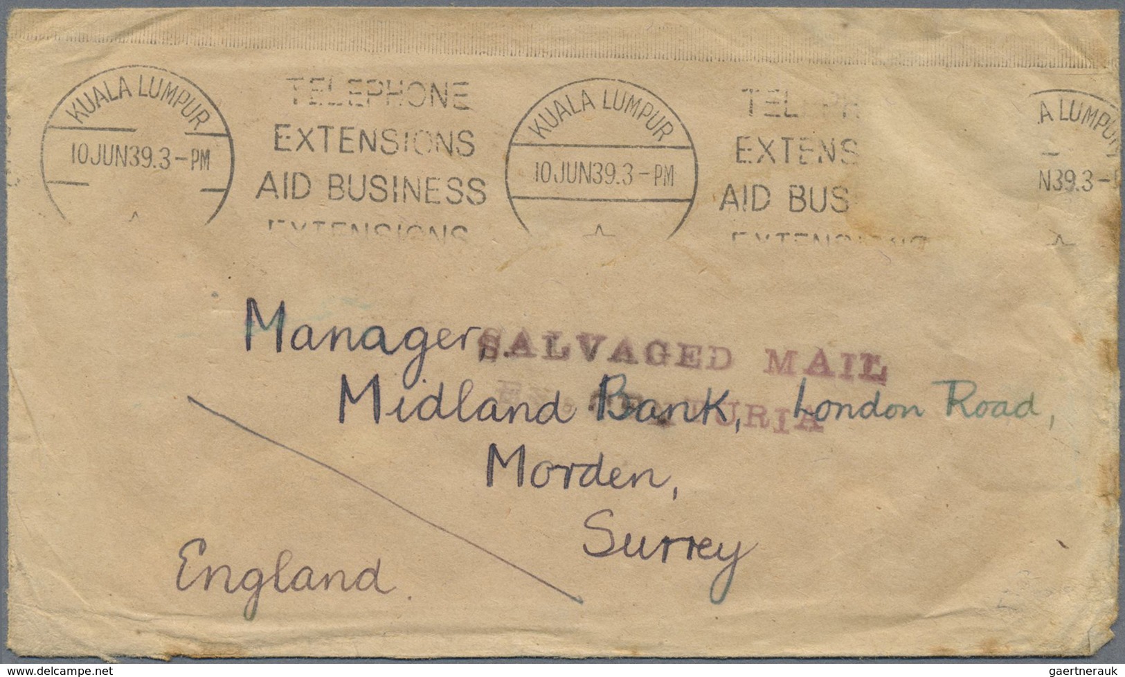 Br Malaiische Staaten - Selangor: 1939, Crash Mail CENTURION, Cover From Kuala Lumpur, 10.JUN 39, Desti - Selangor