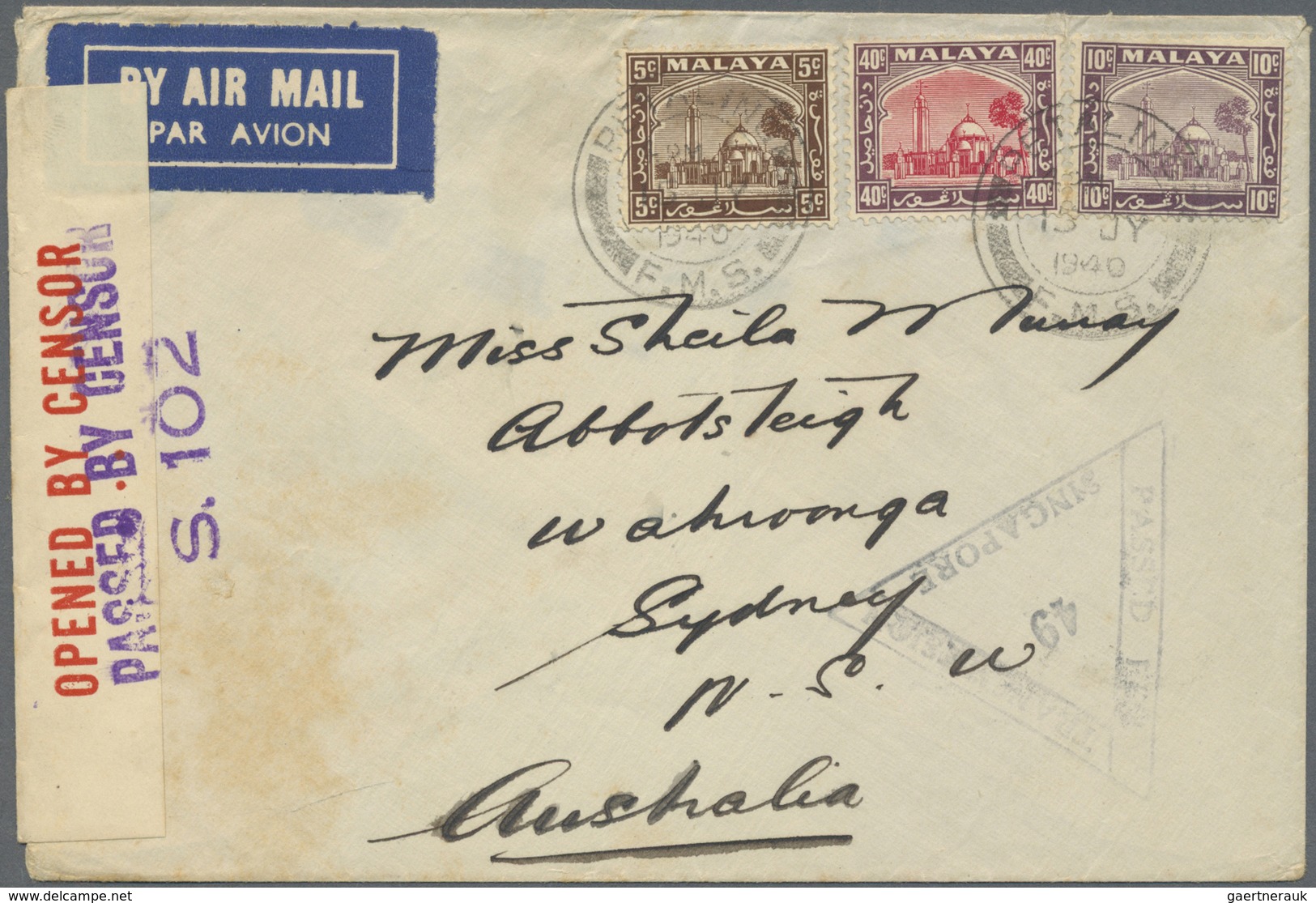 Br Malaiische Staaten - Selangor: 1940, 5 C, 10 C And 40 C Mosque, Mixed Franking On Airmail Cover From - Selangor