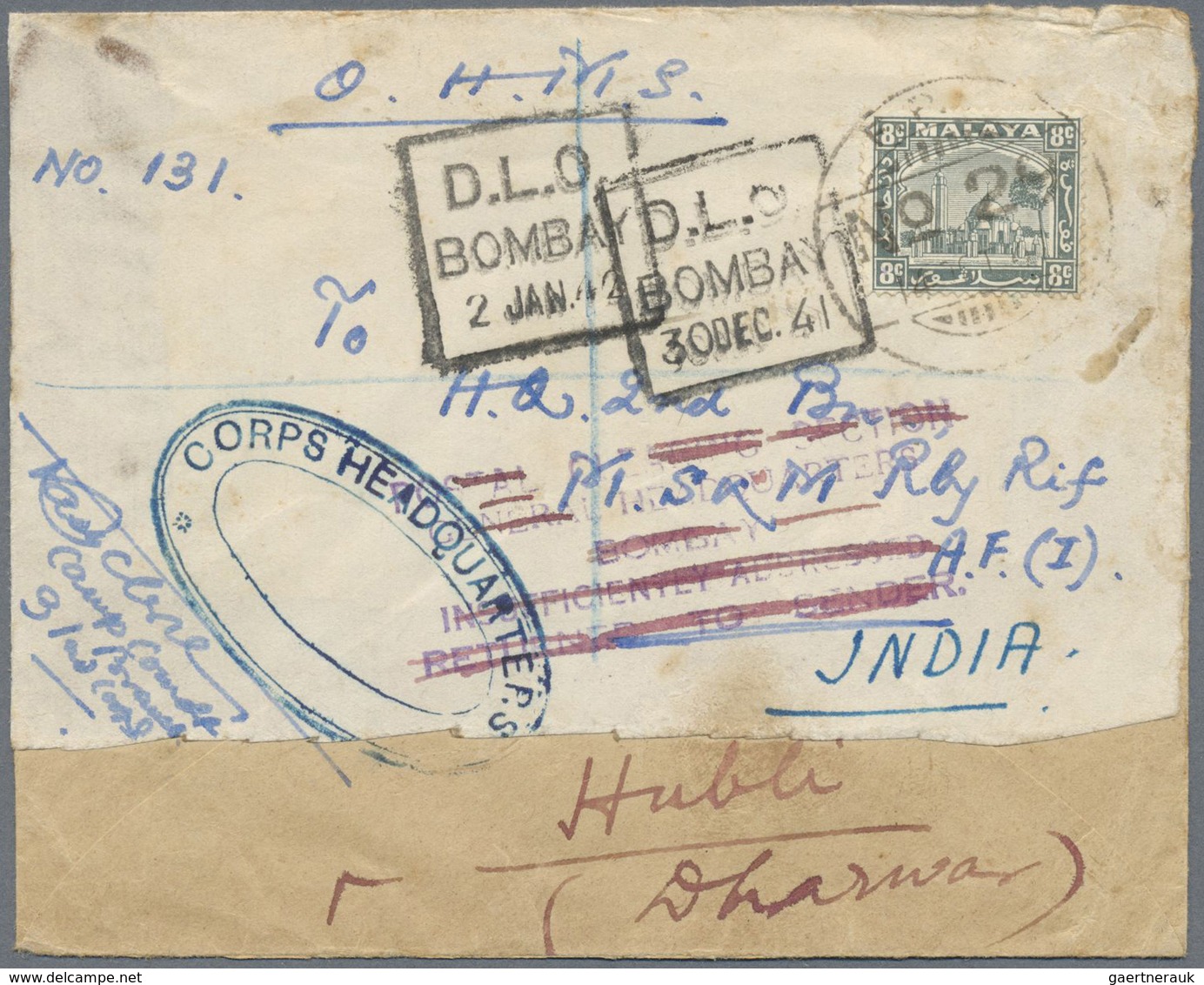 Br Malaiische Staaten - Selangor: 1941, 8 C Grey Mosque, Single Franking On Re-used Cover From The Indi - Selangor