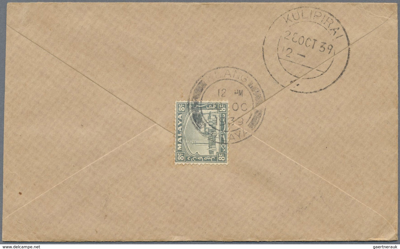 Br Malaiische Staaten - Selangor: 1939, 8 C Grey Mosque Single Franking On Cover From KLANG, 20.OC 39, - Selangor