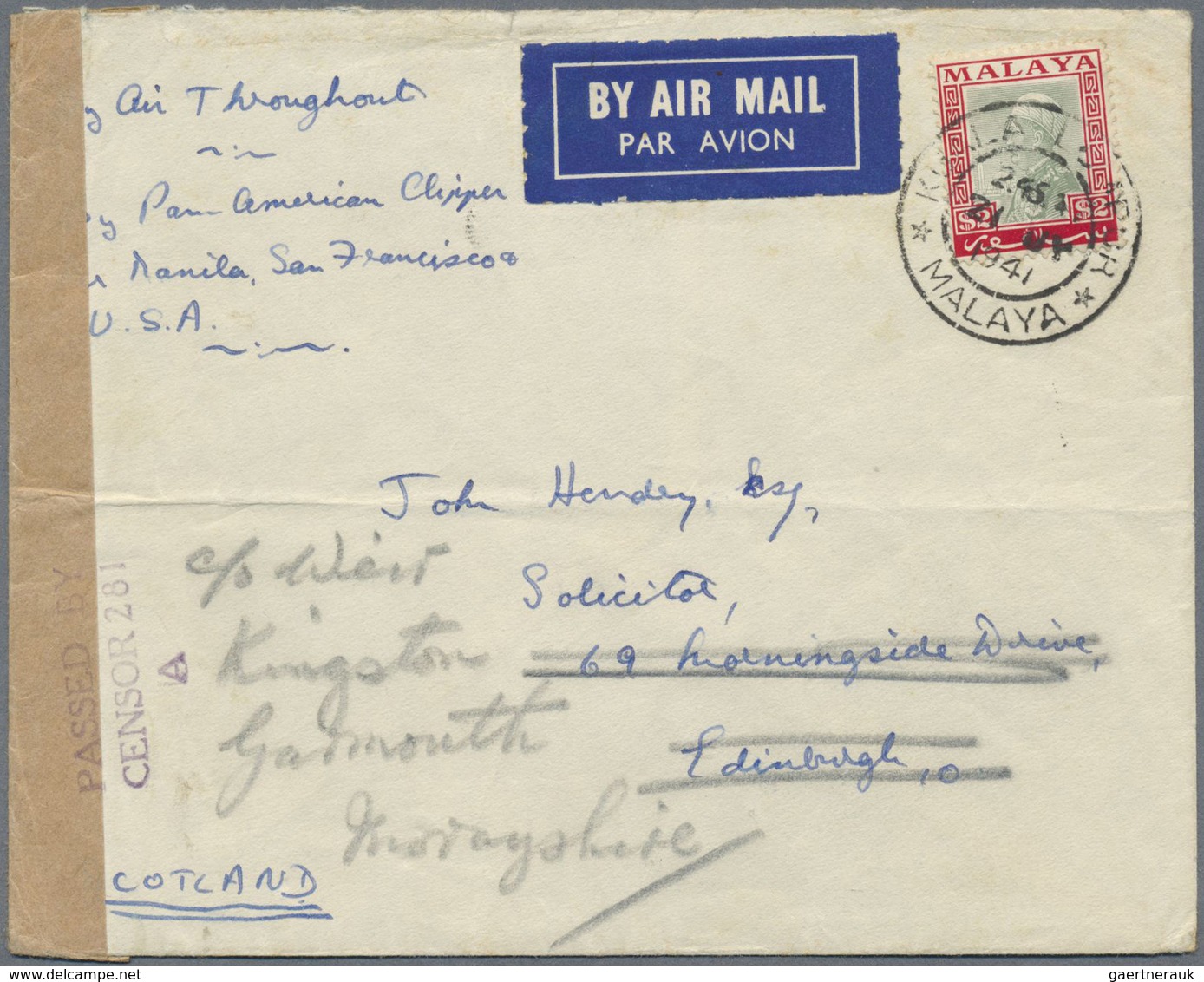 Br Malaiische Staaten - Selangor: 1941, 2 $ Green/scarlet, Single Franking On Airmail Censor Cover (cre - Selangor