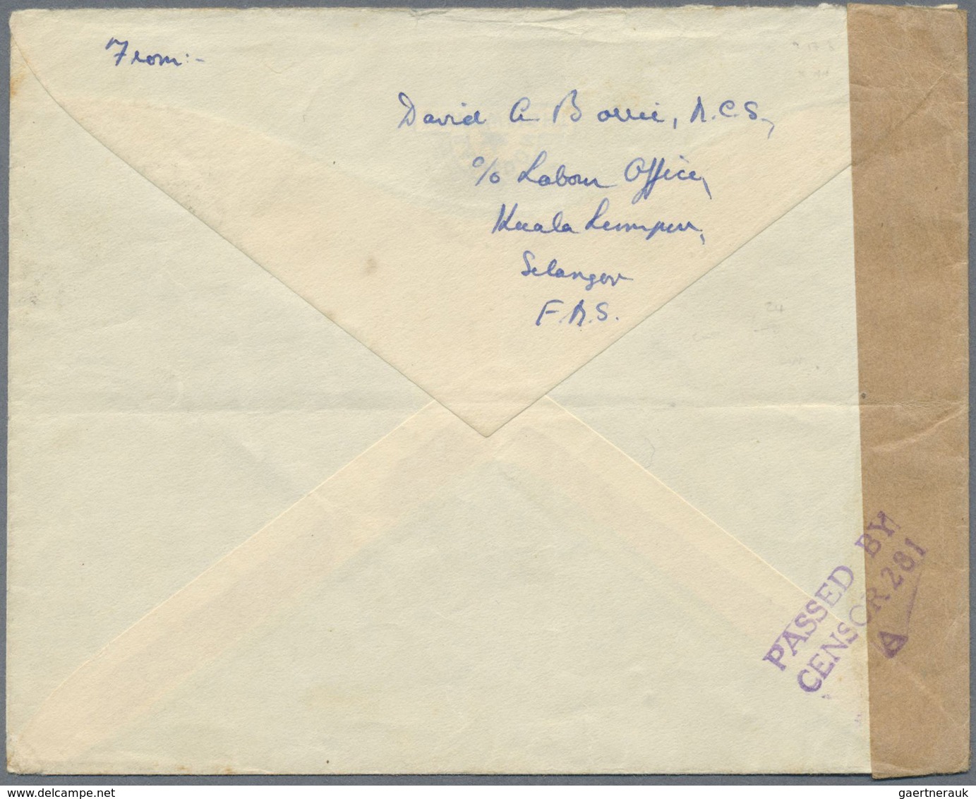 Br Malaiische Staaten - Selangor: 1941, 2 $ Green/scarlet, Single Franking On Airmail Censor Cover (cre - Selangor