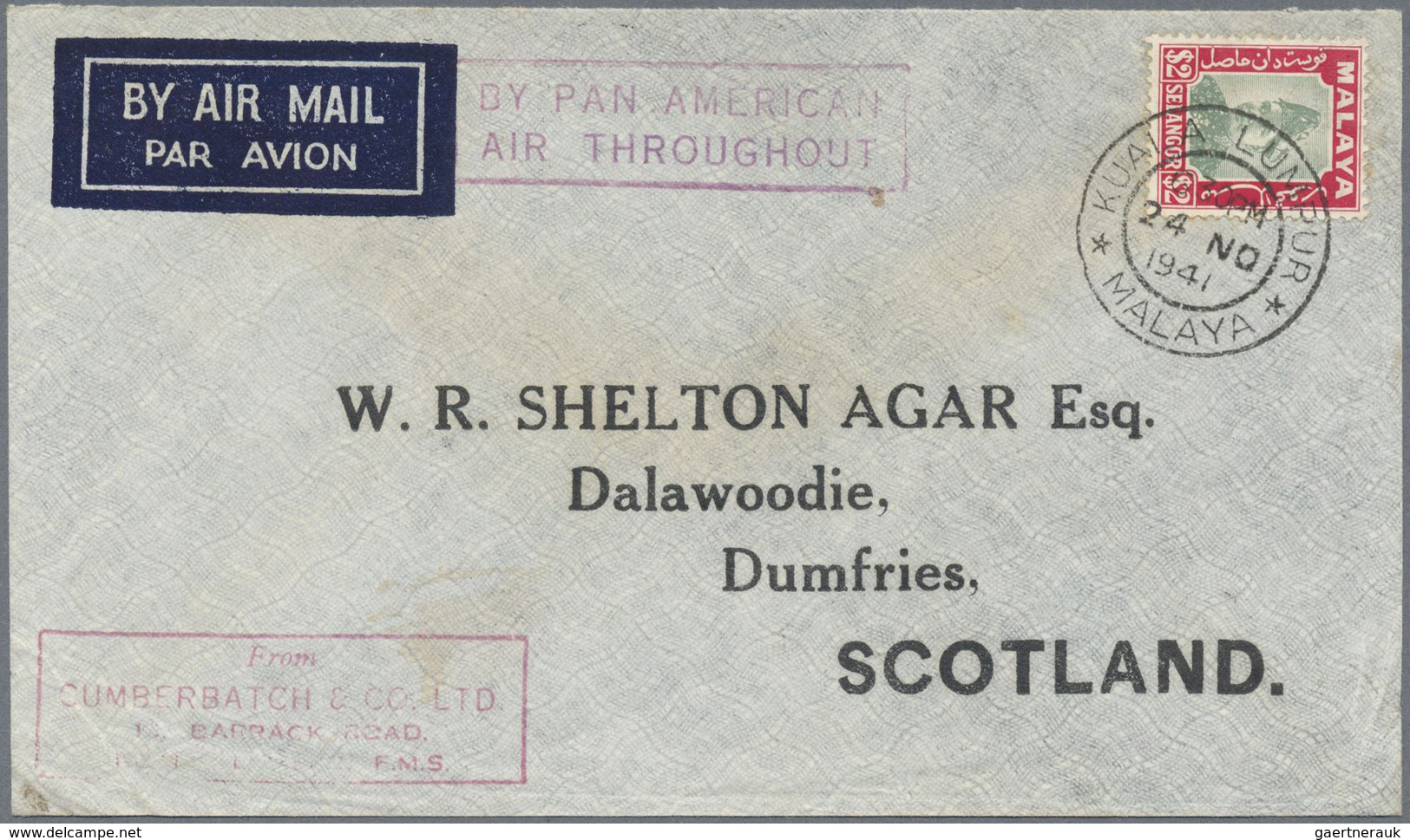 Br Malaiische Staaten - Selangor: 1941, 2 $ Green/scarlet, Single Franking On Airmail Cover From KUALA - Selangor