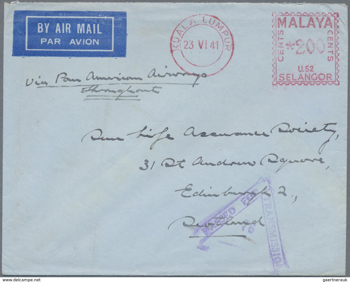 Br Malaiische Staaten - Selangor: 1941, Airmail Cover With 200 C Meter From KUALA LUMPUR / MALAYA SELAN - Selangor