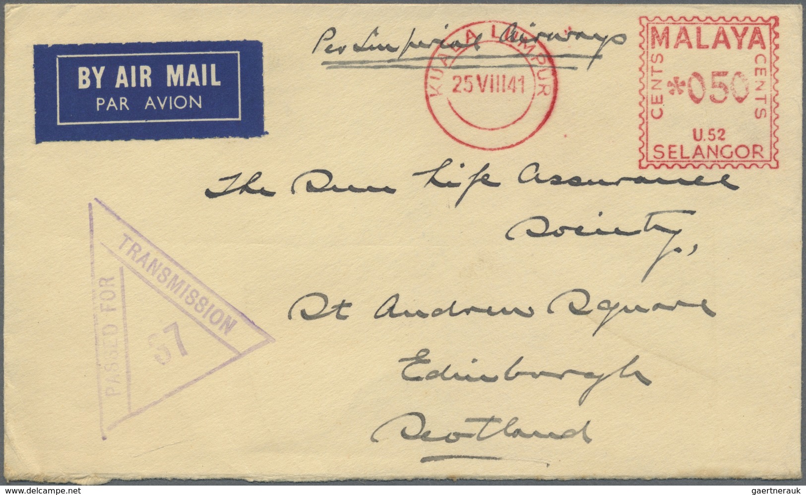 Br Malaiische Staaten - Selangor: 1941, 50 Cents Meter Airmail Cover From KUALA LUMPUR, 25.VIII 41, Alo - Selangor