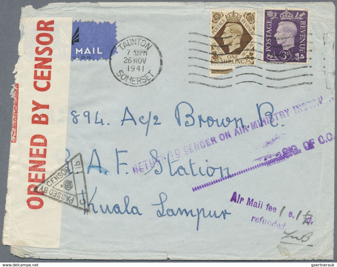 Br Malaiische Staaten - Selangor: 1941, INCOMING AIRMAIL SERVICE SUSPENDED, Great Britain 3 D Violet An - Selangor