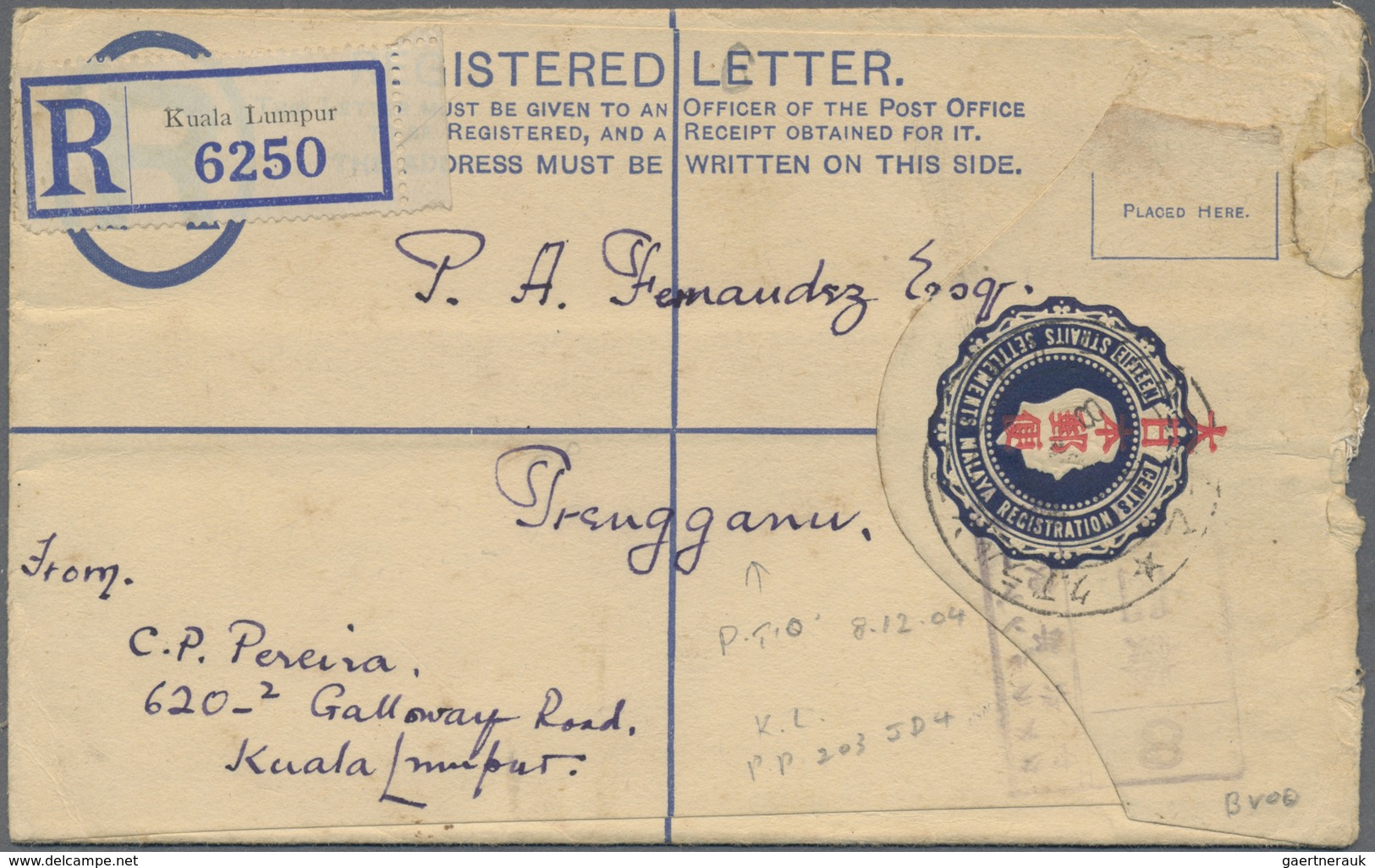 GA Malaiische Staaten - Selangor: General Issues, Used In Selangor, 1943, Straits Registration Envelope - Selangor