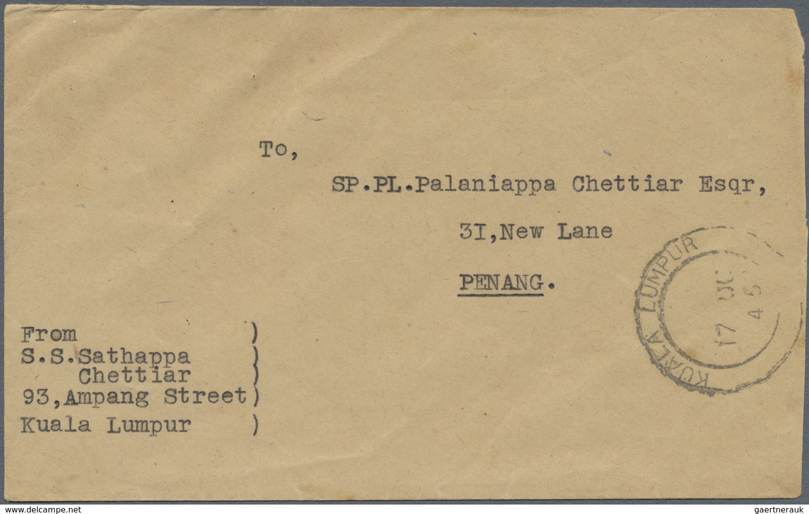 Br Malaiische Staaten - Selangor: BRITISH MILITARY ADMINISTRATION: 1945 (17.10.), Stampless Cover Of Th - Selangor