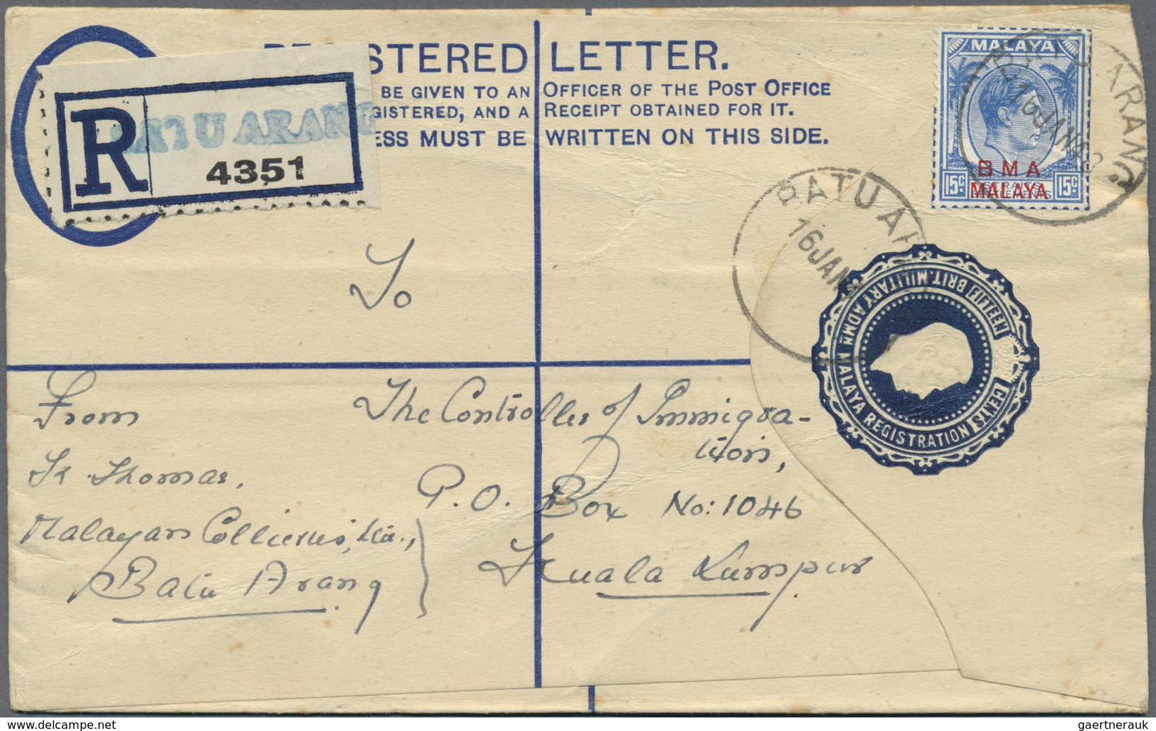 GA Malaiische Staaten - Selangor: 1948 BATU ARANG: B.M.A. Postal Stationery Registered Envelope 15c., U - Selangor