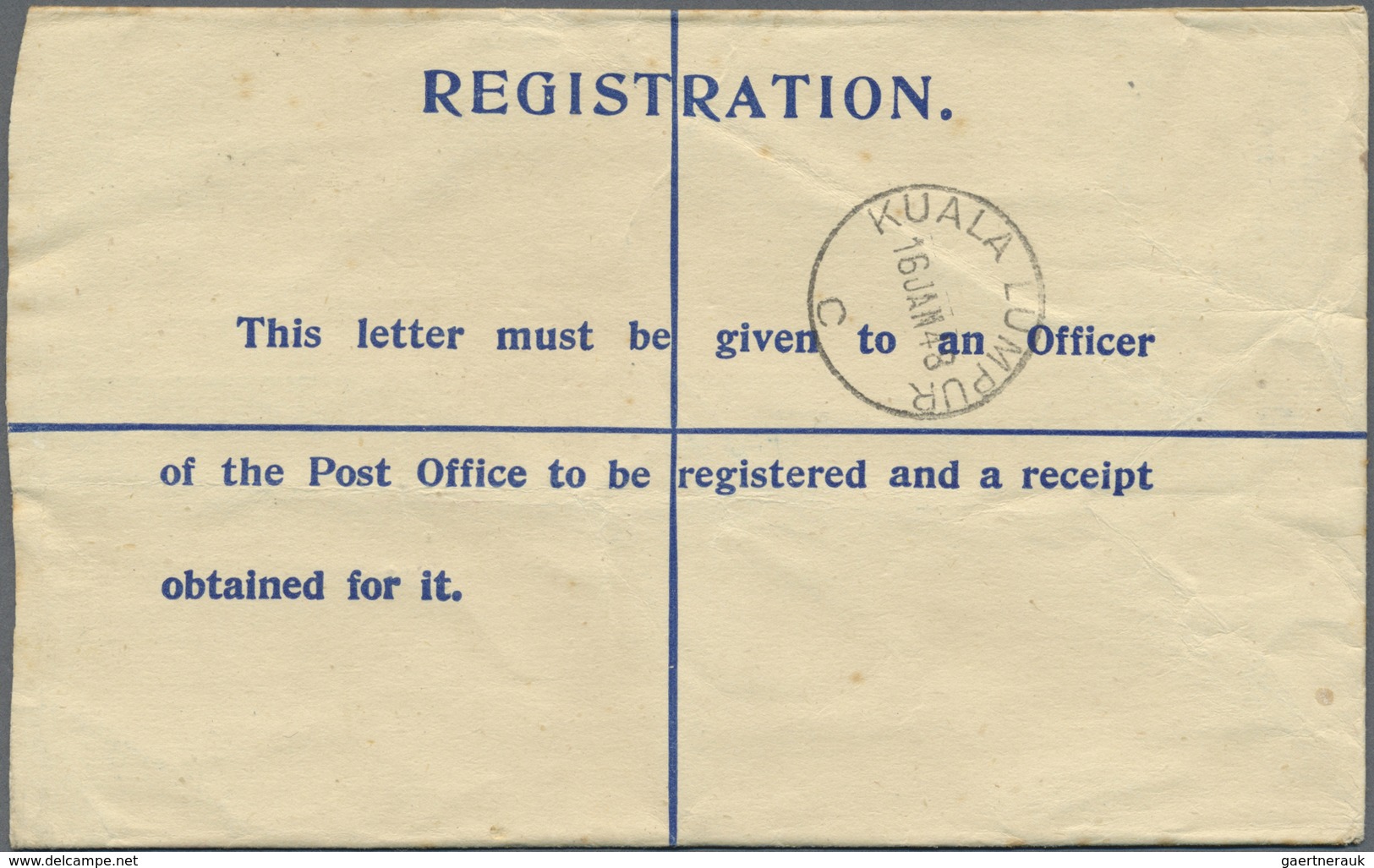 GA Malaiische Staaten - Selangor: 1948 BATU ARANG: B.M.A. Postal Stationery Registered Envelope 15c., U - Selangor