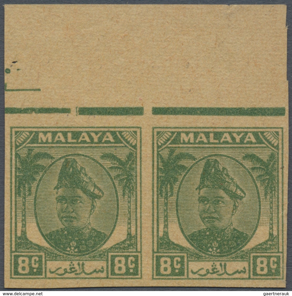 (*) Malaiische Staaten - Selangor: 1949, Sultan Hisamud-din Alam Shah 8c. Green Imperforate PLATE PROOF - Selangor