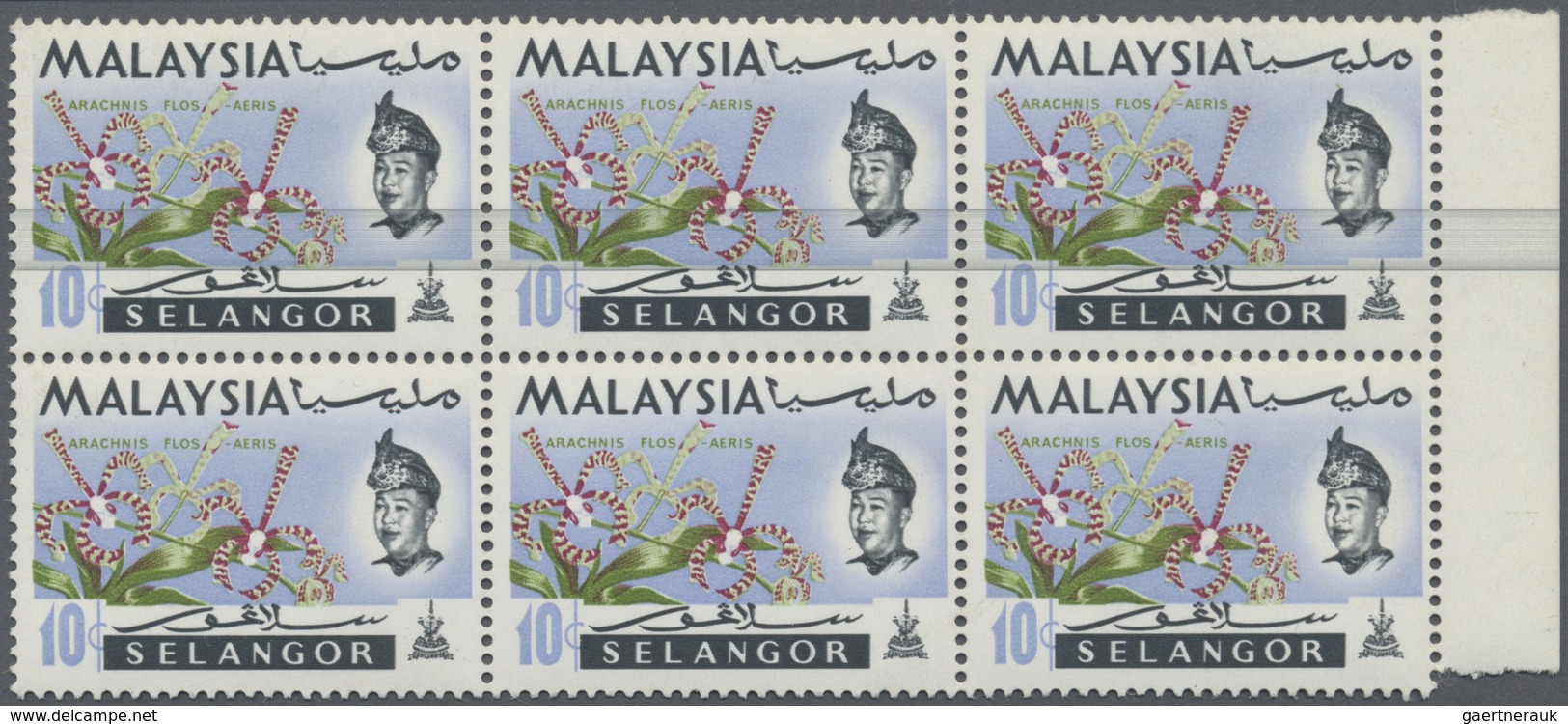 ** Malaiische Staaten - Selangor: 1965, Orchids 10c. 'Arachnanthe Moschifera' Block Of Six From Right M - Selangor