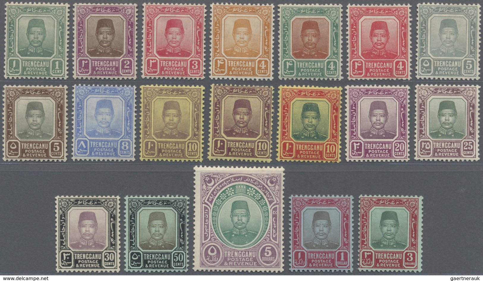 * Malaiische Staaten - Trengganu: 1910/1919, Sultan Zain Ul Ab Din Complete Set Of 18 To $5 Green/dull - Trengganu