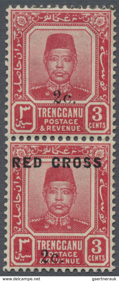 * Malaiische Staaten - Trengganu: 1917-18 Red Cross 3c+2c Carmine Vertical Pair, Top Stamp WITHOUT "RE - Trengganu