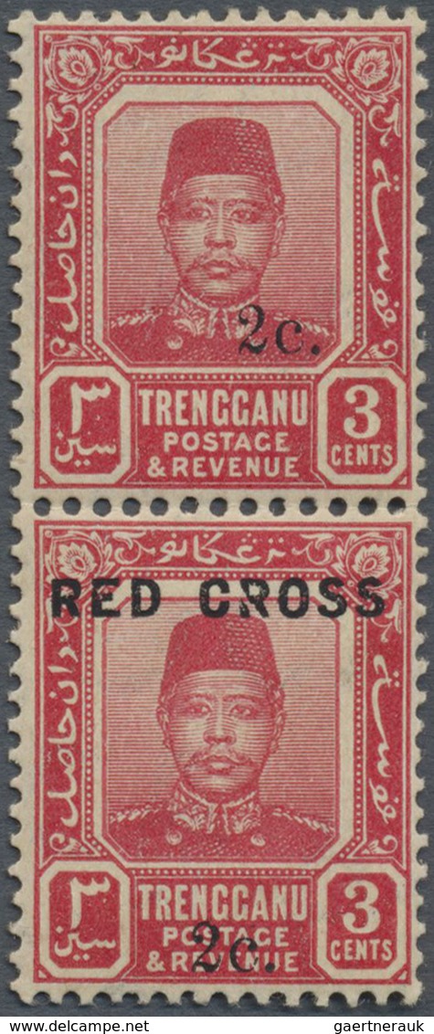 * Malaiische Staaten - Trengganu: 1917-18 Red Cross 3c. + 2c. Carmine Red Vertical Pair, Top Stamp Sho - Trengganu