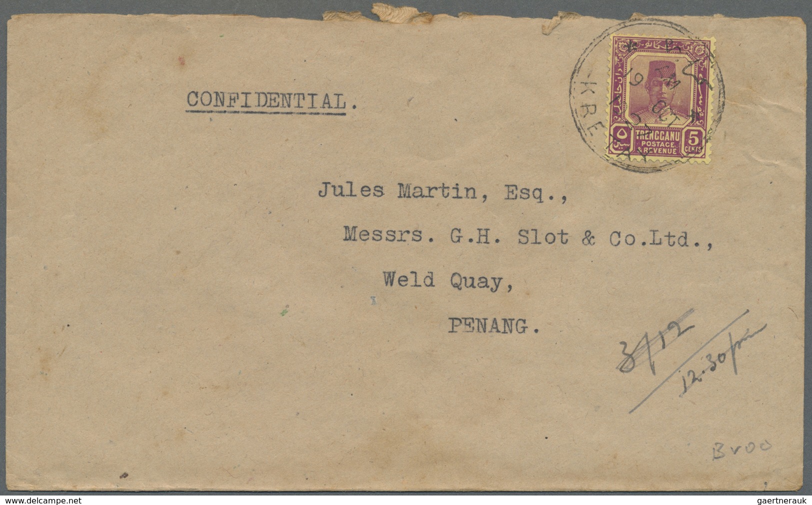 Br Malaiische Staaten - Trengganu: 1927, 5 C. Tied Bilingual "KRETAY 19 OCT 27" To Cover To Penang W. O - Trengganu