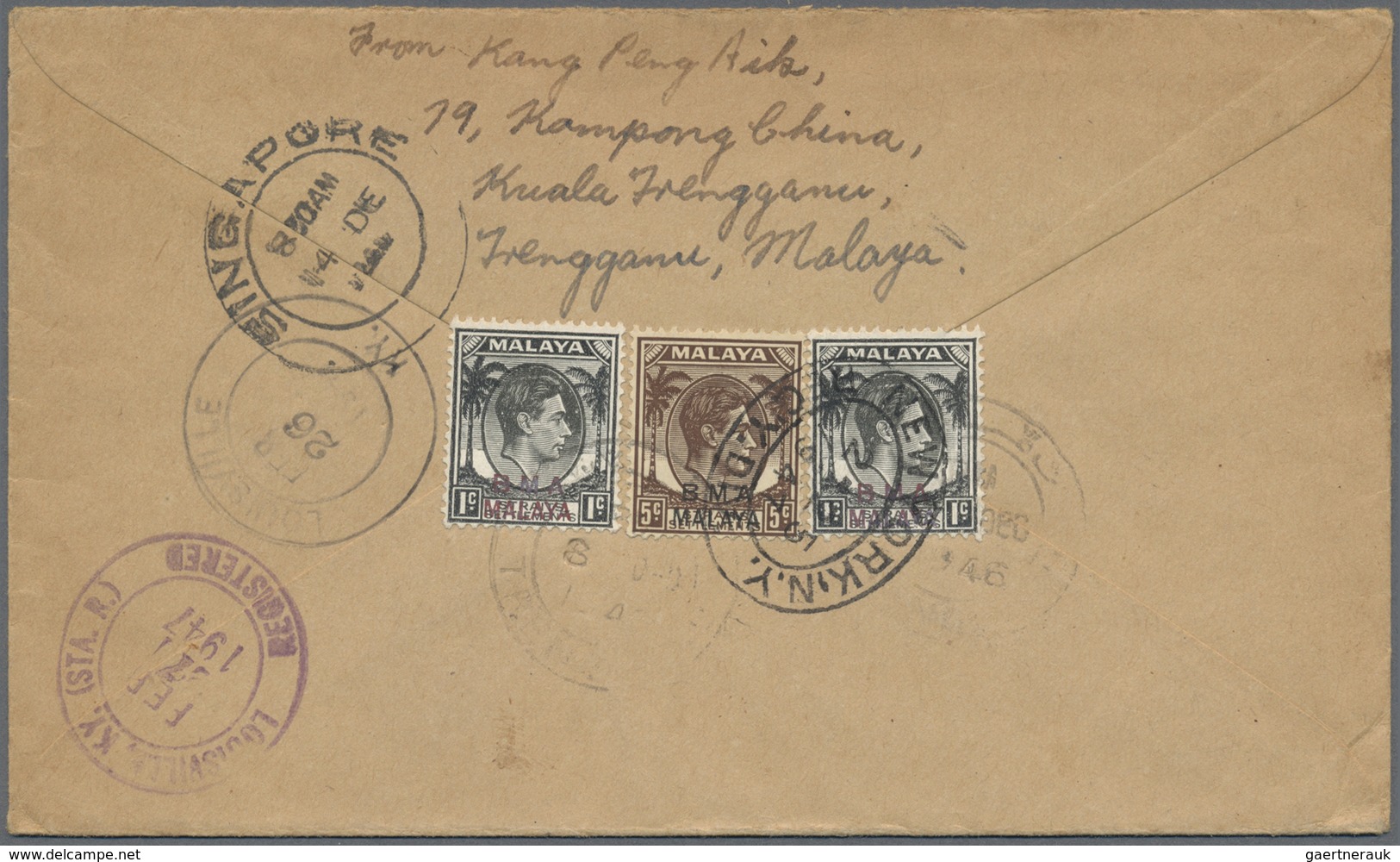 Br Malaiische Staaten - Trengganu: 1946 KUALA TRENGGANU Registration Label On Cover To Louisville, Kent - Trengganu