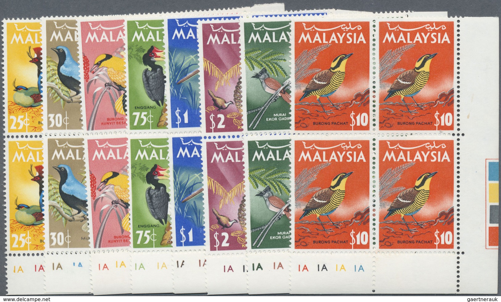 ** Malaysia: 1965, Birds Complete Set Of Eight In Blocks Of Four From Lower Right Corners All With Plat - Malaysia (1964-...)