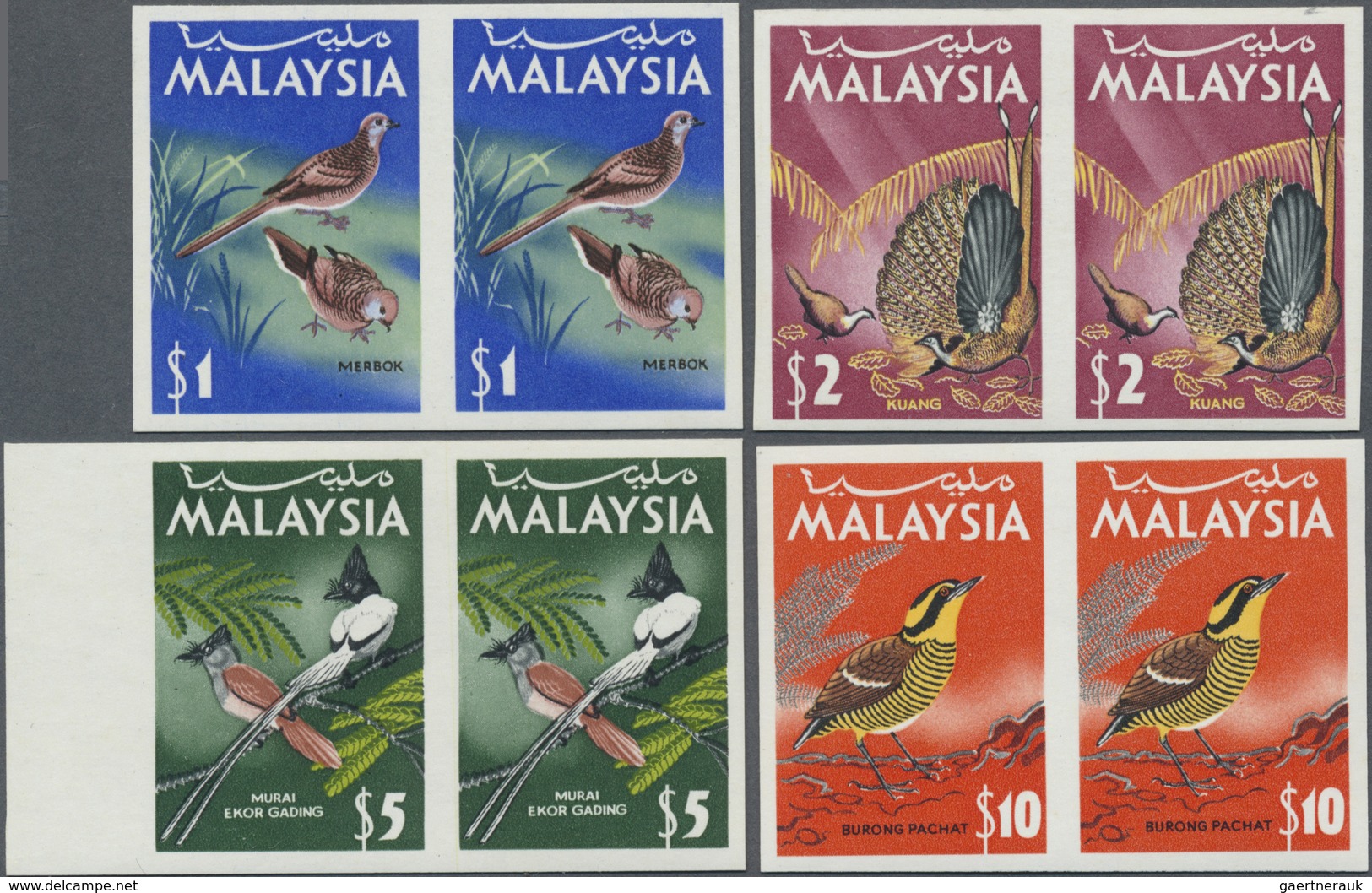 ** Malaysia: 1965, Birds Complete Set Of Eight In Horizontal IMPERFORATE PAIRS Incl. Three From Margin, - Maleisië (1964-...)