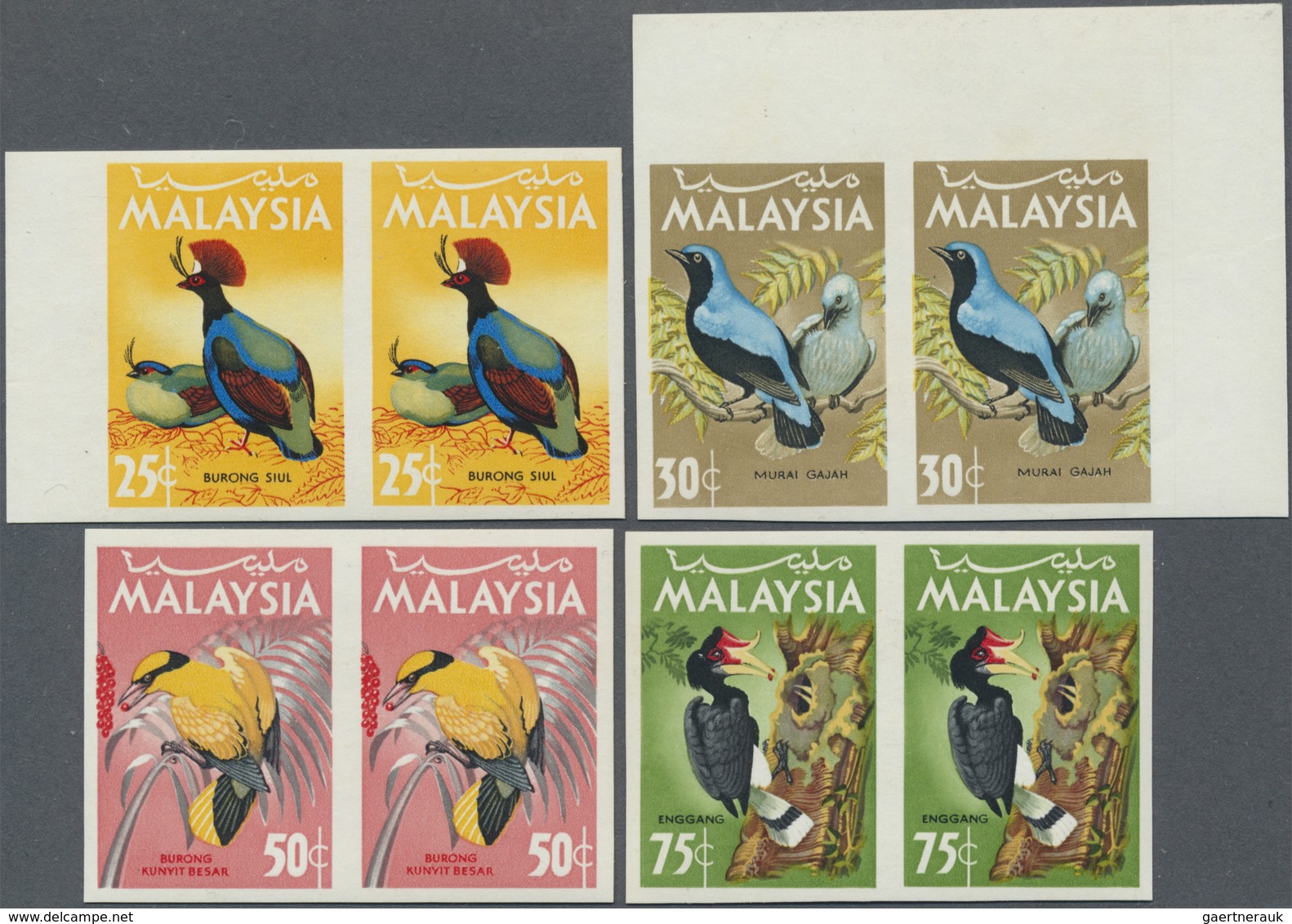 ** Malaysia: 1965, Birds Complete Set Of Eight In Horizontal IMPERFORATE PAIRS Incl. Three From Margin, - Maleisië (1964-...)