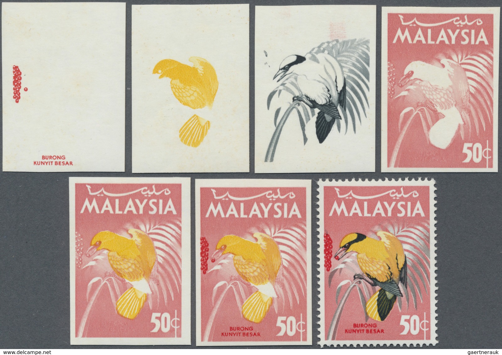 ** Malaysia: 1965, Birds 50c. 'Black-nailed Oriole' (Oriolus Chinensis) In Six Different Imperforate PR - Maleisië (1964-...)