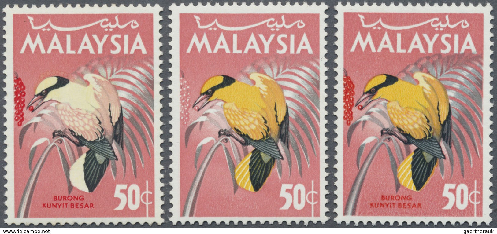 ** Malaysia: 1965, Birds 50c. 'Black-nailed Oriole' (Oriolus Chinensis) Two Stamps With YELLOW (plumage - Maleisië (1964-...)