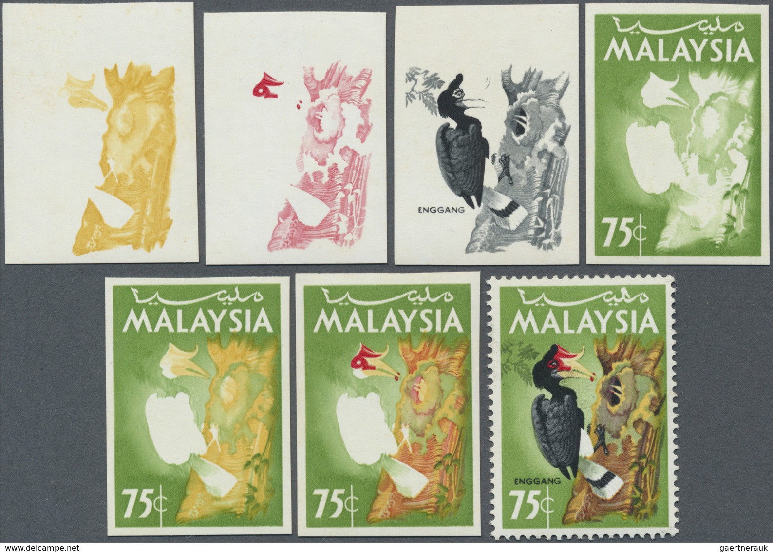 ** Malaysia: 1965, Birds 75c. 'Rhinoceros Hornbill' (Buceros Rhinoceros) In Six Different Imperforate P - Malaysia (1964-...)