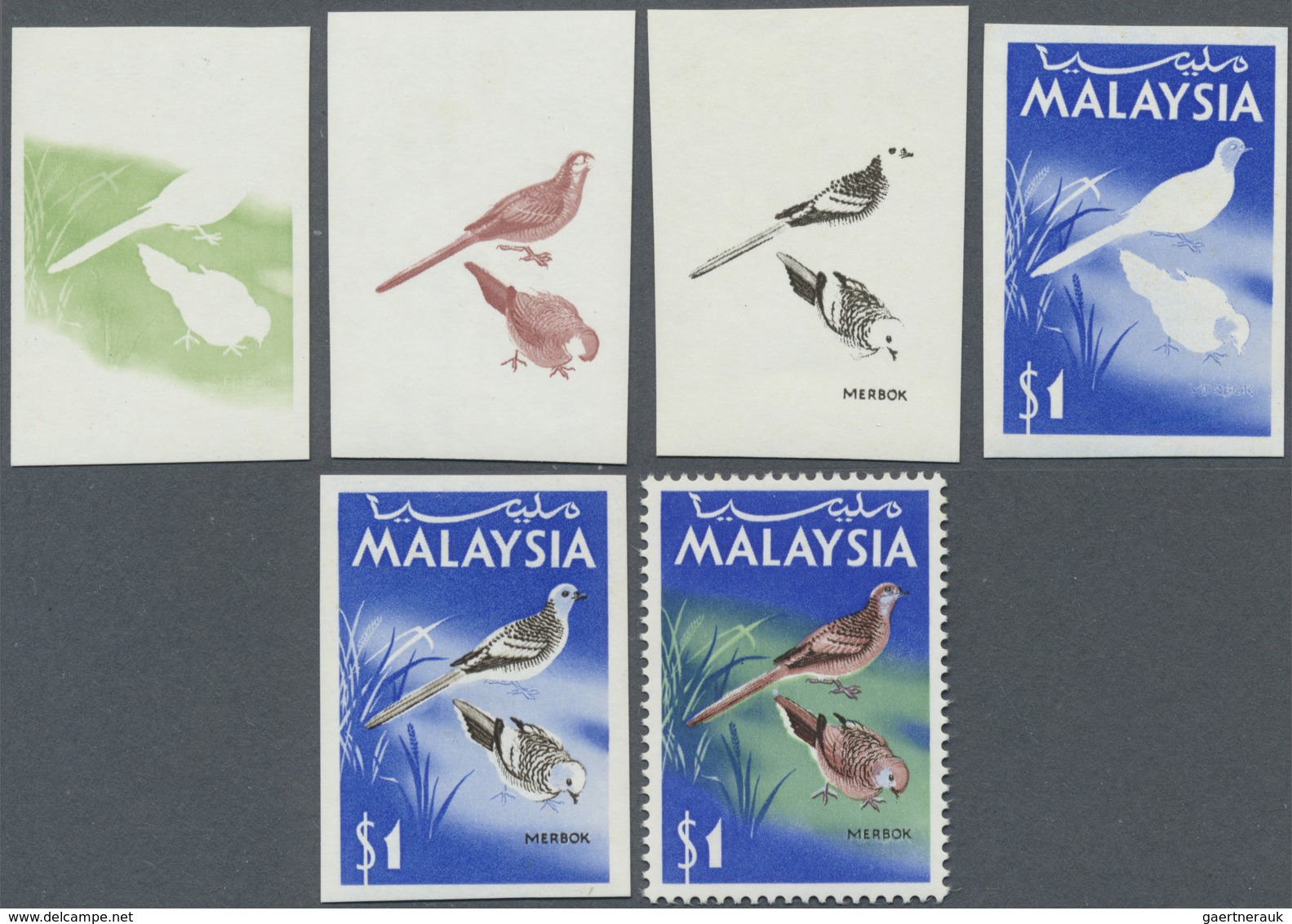 ** Malaysia: 1965, Birds $1 'Zebra Dove' (Geopelia Striata) In Six Different Imperforate PROGRESSIVE PR - Maleisië (1964-...)