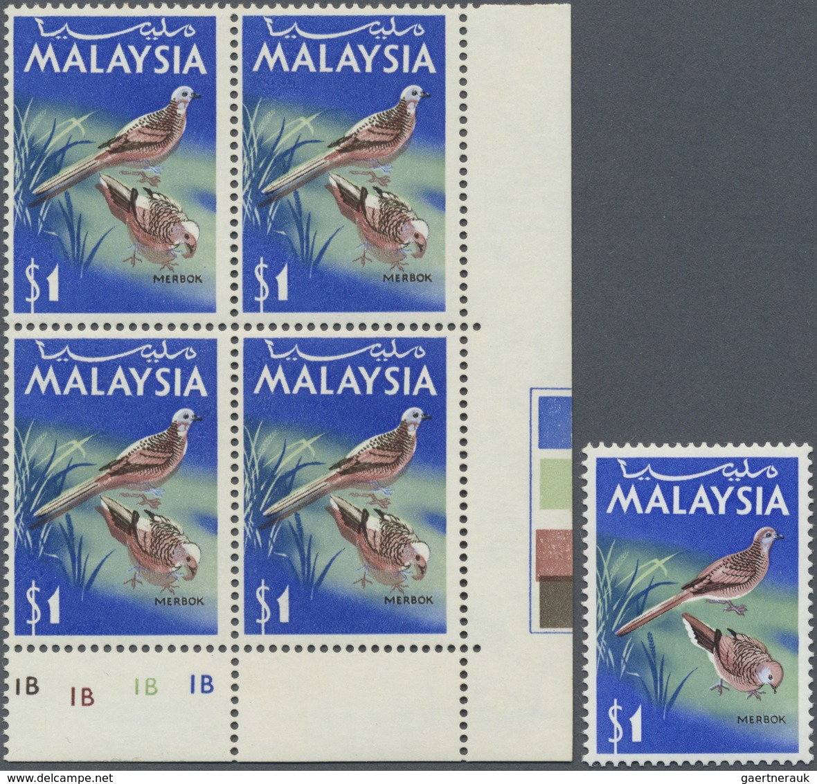 ** Malaysia: 1965, Birds $1 'Zebra Dove' (Geopelia Striata) With SHIFTED BROWN To Bottom Corner Block O - Maleisië (1964-...)