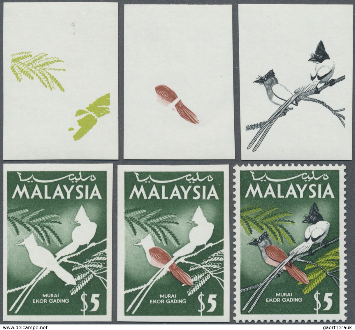 ** Malaysia: 1965, Birds $5 'Asiatic Paradise Flycatcher' (Terpsiphone Paradisi) In Five Different Impe - Malaysia (1964-...)