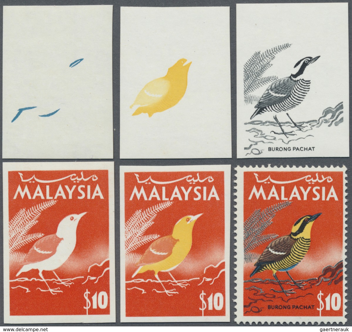 ** Malaysia: 1965, Birds $10 'Blue-tailed Pitta' (Pitta Guajana) In Five Different Imperforate PROGRESS - Malaysia (1964-...)