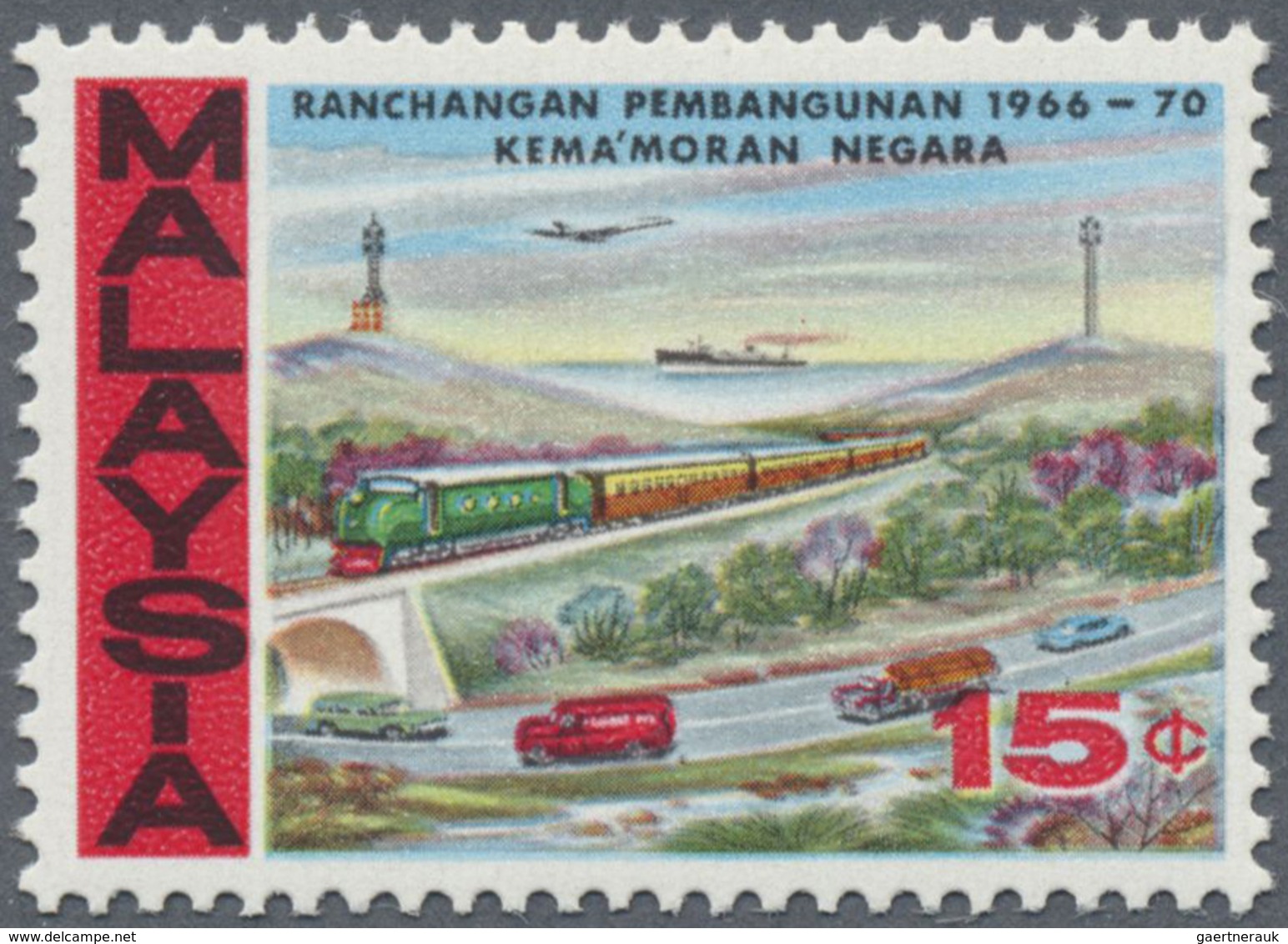 (*) Malaysia: 1966, First Malaysia Plan 15c. 'Communications (transport)' IMPERFORATE PROOF Affixed Into - Malaysia (1964-...)